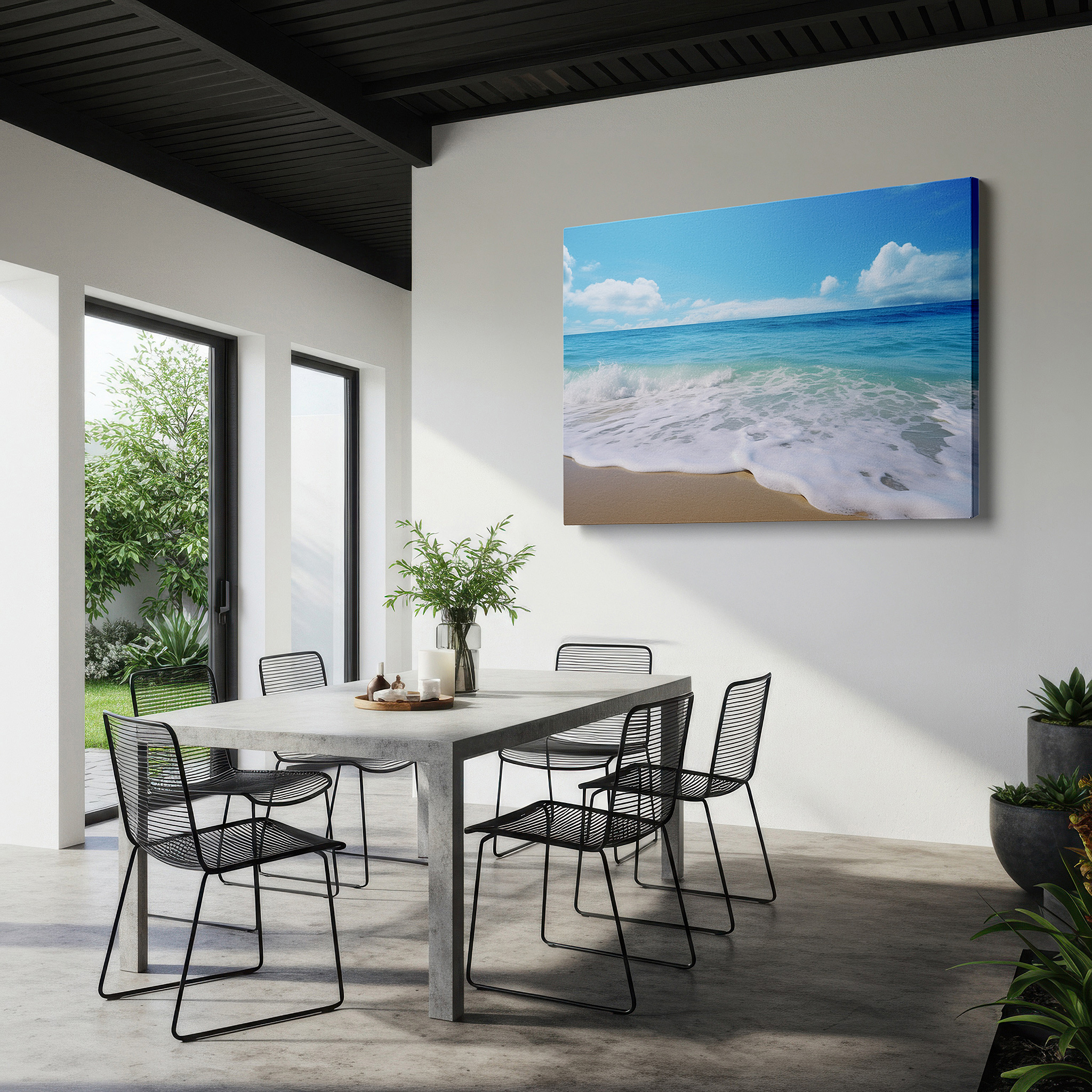 Mounted in a loft-style interior with exposed brick walls — serene beachscape canvas wall art featuring crystal-clear waters and azure sky for office, bedroom, and living room decor