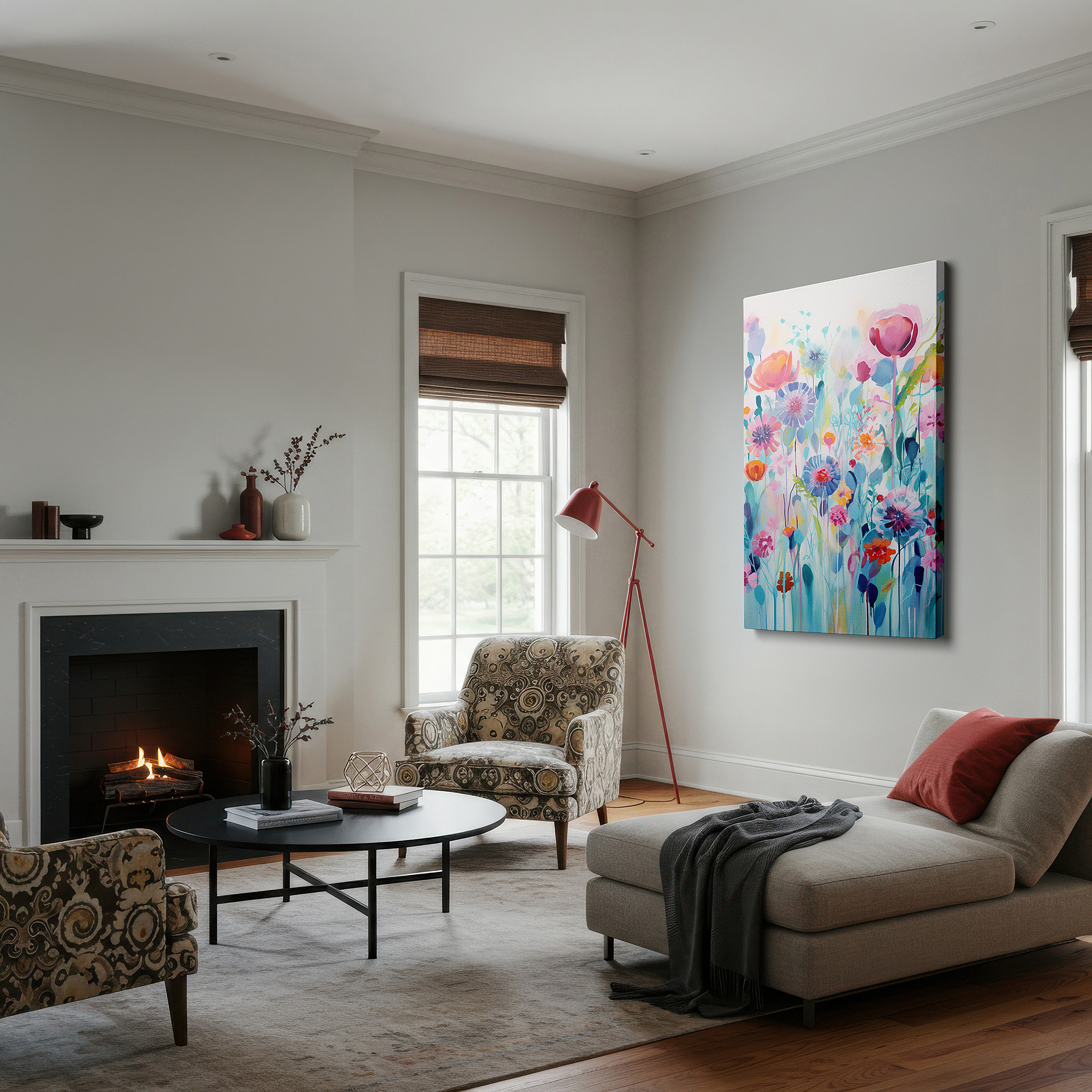 Mounted in a loft-style interior with exposed brick walls — serene blossom field in soft pastels: a tranquil, dreamlike escape - large wall art for bedrooms and offices