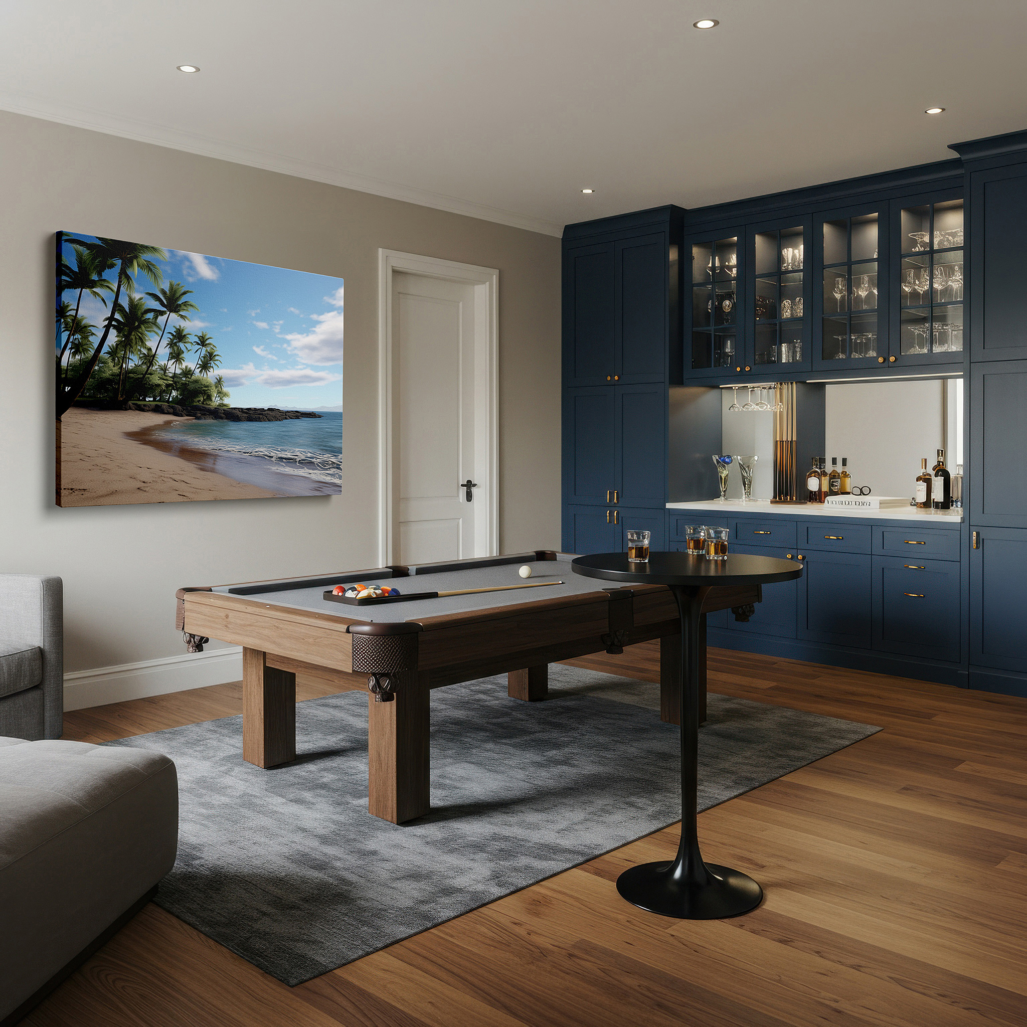Mounted in a loft-style interior with exposed brick walls — serene coastal beach scene with palm trees and reflective ocean waters - large canvas wall art for office and bedroom decor
