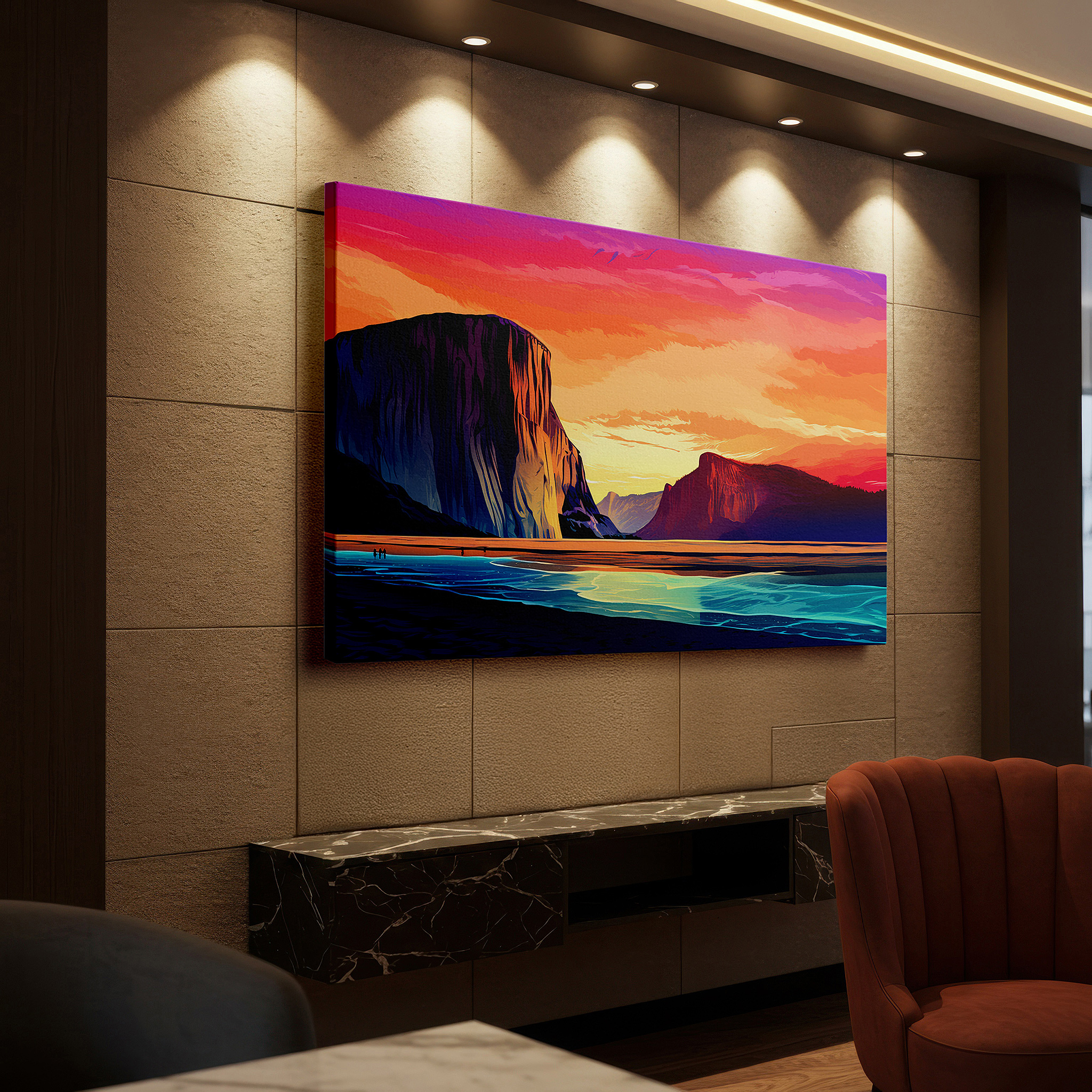 Mounted in a loft-style interior with exposed brick walls — serene coastal sunset wall art: fiery skies and tranquil seas - large canvas for office, bedroom, and living room decor