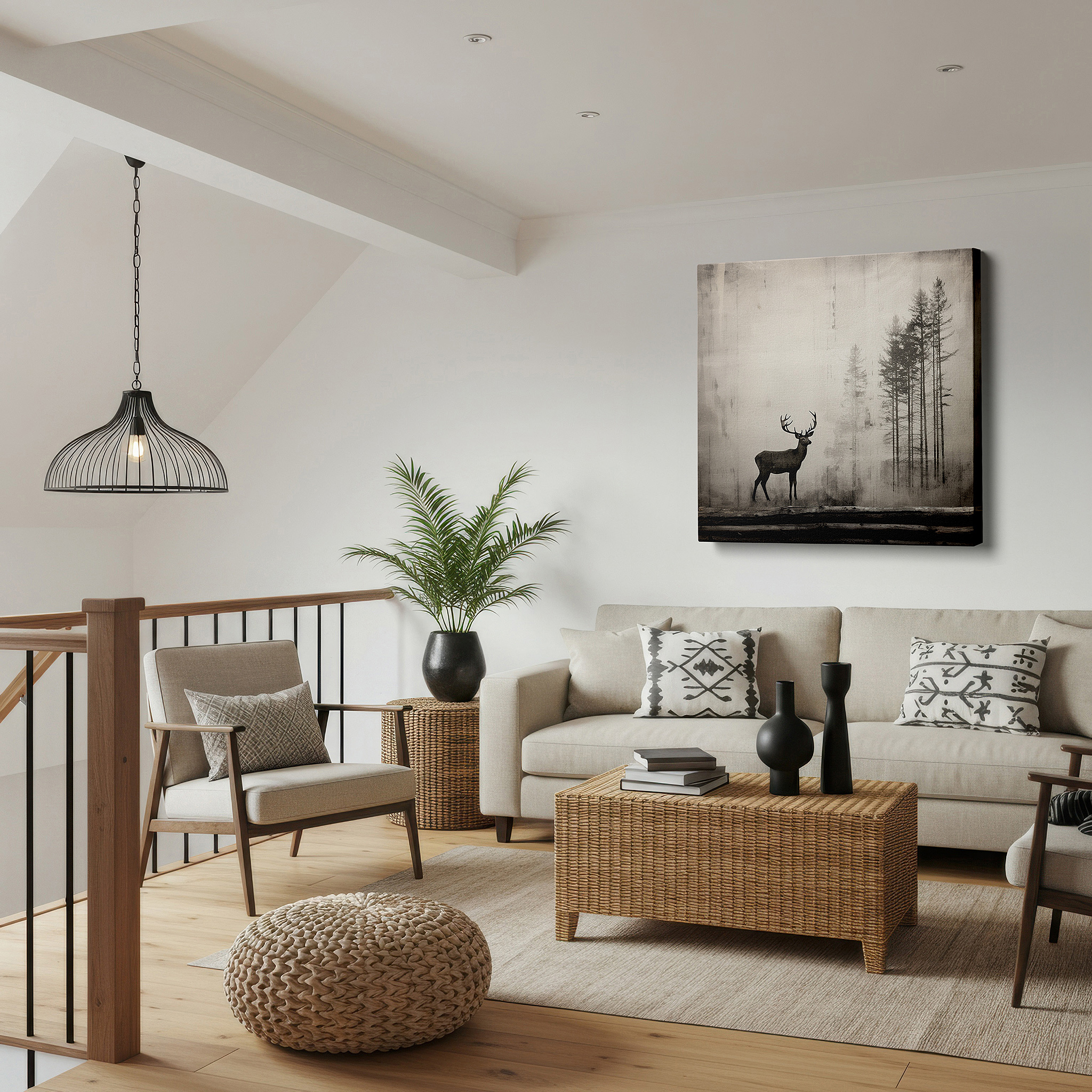 Mounted in a loft-style interior with exposed brick walls — serene deer silhouette in a misty forest: large canvas wall art for a calming ambiance in bedrooms and offices
