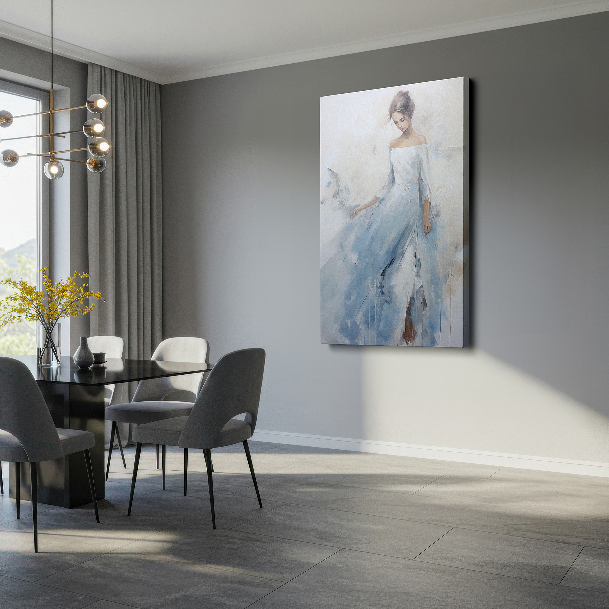 Mounted in a loft-style interior with exposed brick walls — serene ethereal woman in flowing gown large canvas wall art for office and bedroom decor