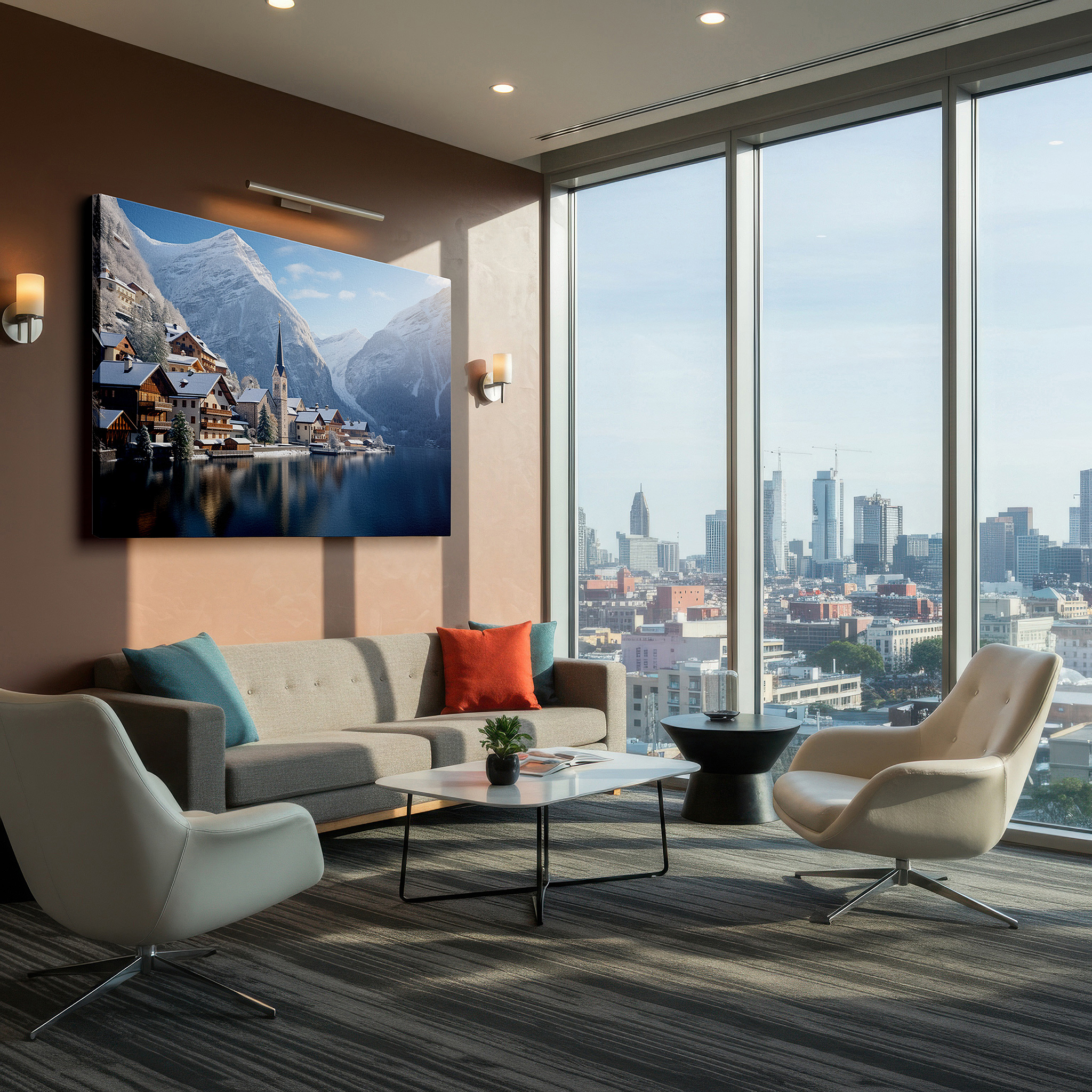 Mounted in a loft-style interior with exposed brick walls — serene european village enveloped in winter, tranquil snowy retreat large wall art, canvas wall art, wall decor for office and bedroom