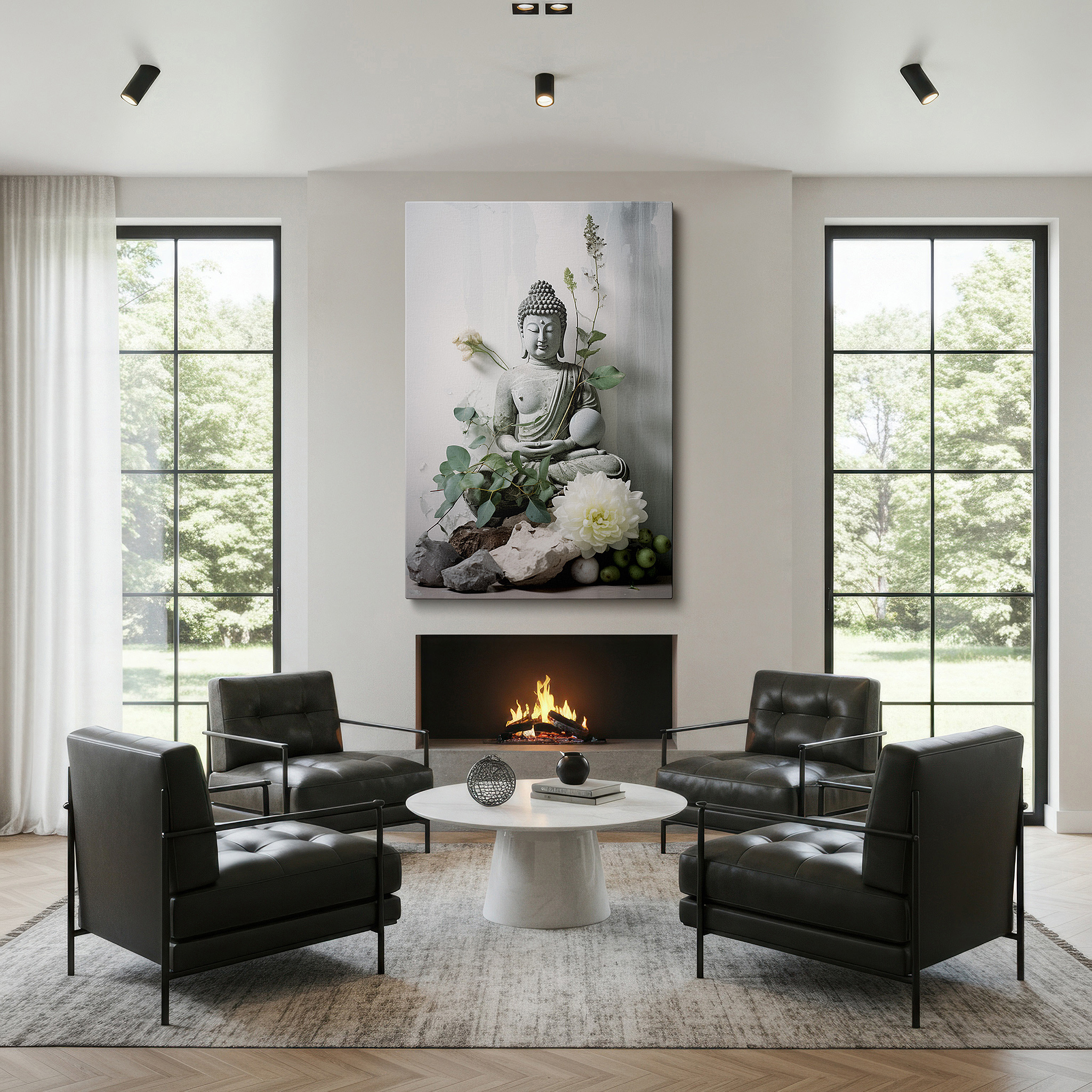 Mounted in a loft-style interior with exposed brick walls — serene green buddha wall art with vibrant florals - large canvas for tranquil spiritual journey - ideal for office and bedroom decor