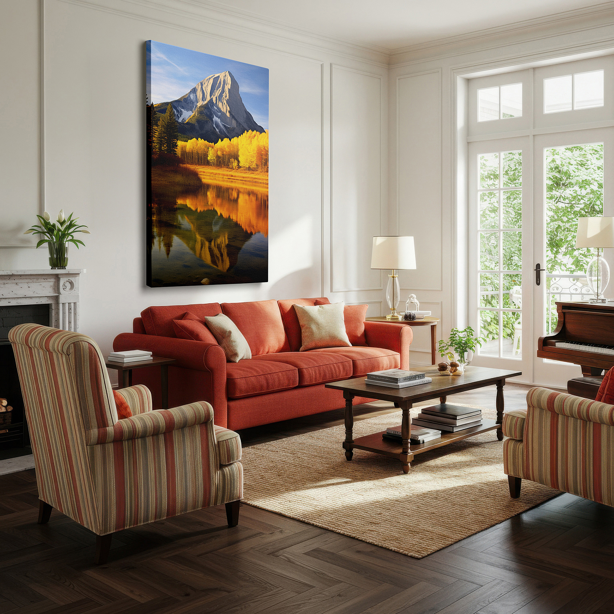 Mounted in a loft-style interior with exposed brick walls — serene lake and fall foliage reflections of mountain grandeur - oversized canvas wall art for home and office decor
