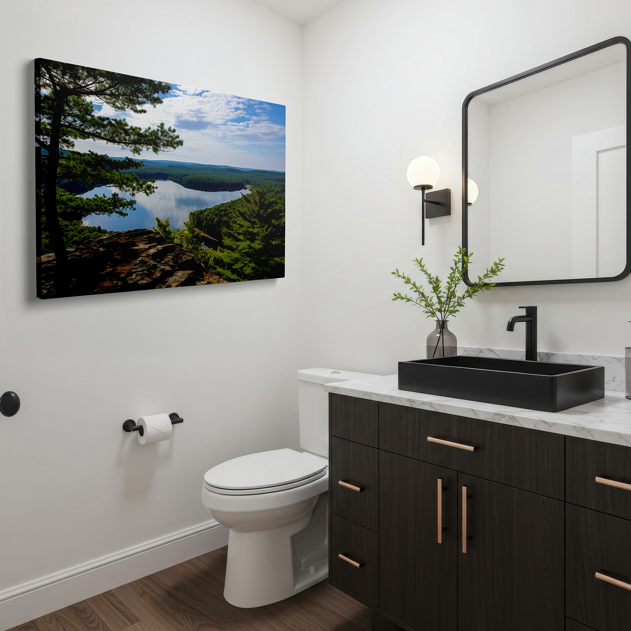 Mounted in a loft-style interior with exposed brick walls — serene lake and verdant forest reflections under a clear blue sky - large canvas wall art for office and bedroom decor