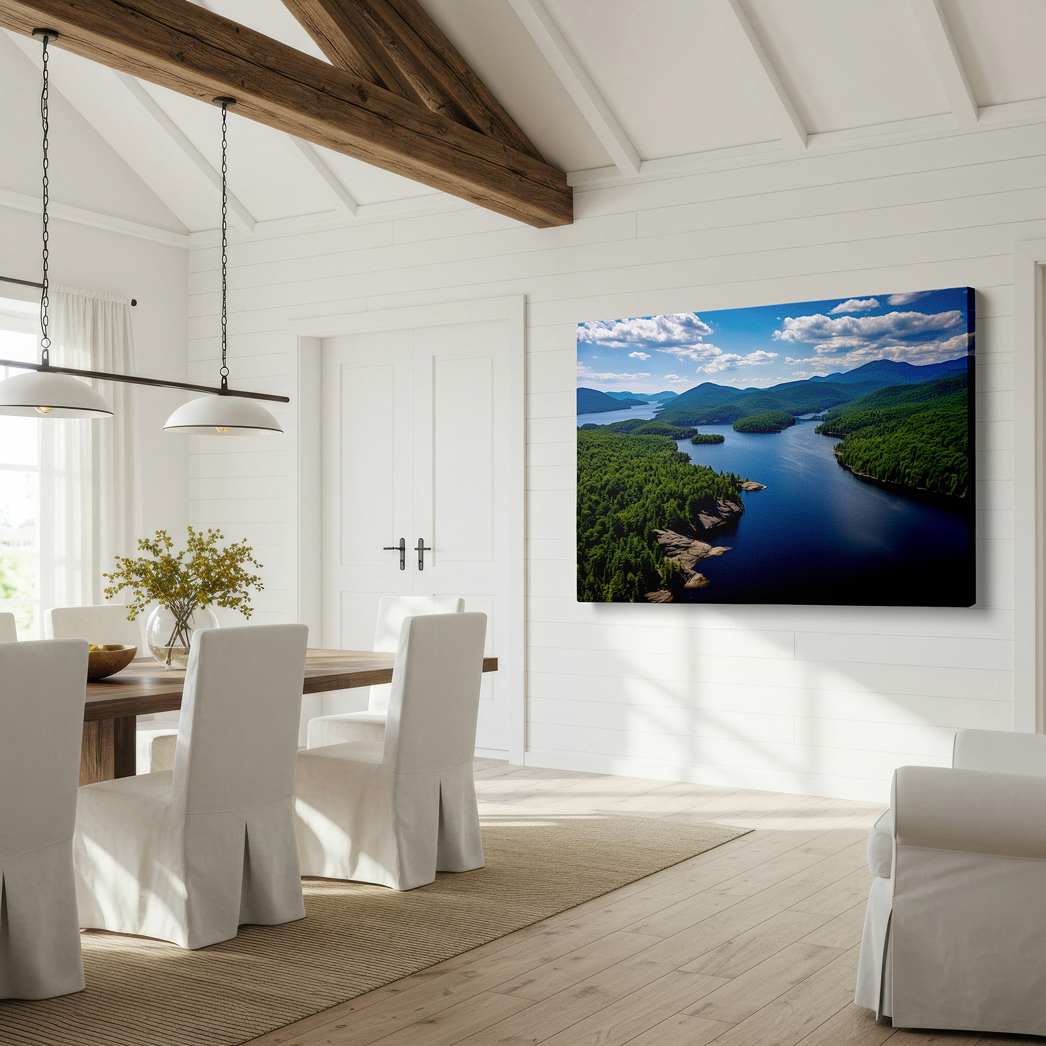 Mounted in a loft-style interior with exposed brick walls — serene lake and verdant hills - peaceful aerial nature scene large wall art, canvas wall art, wall decor for office and bedroom