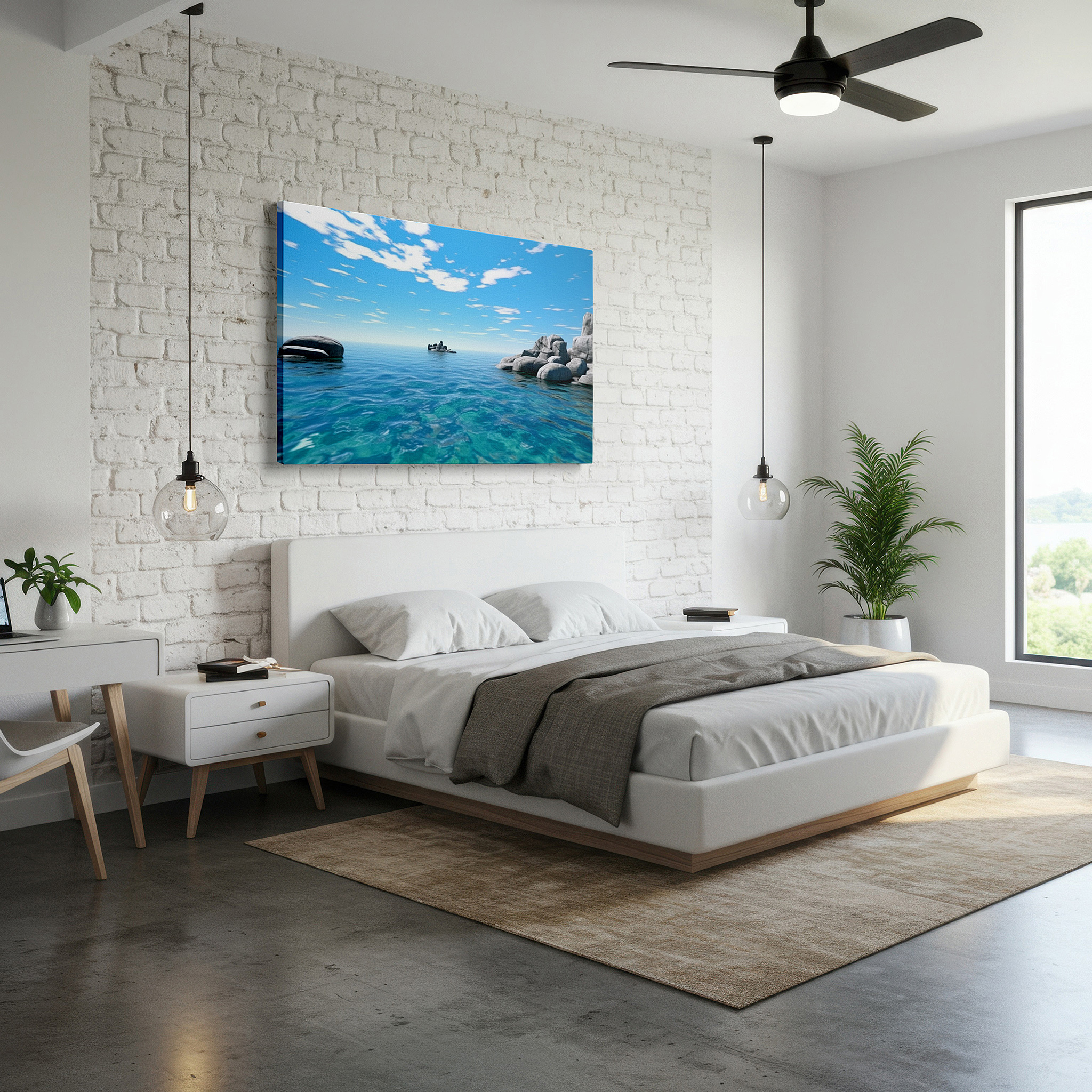 Mounted in a loft-style interior with exposed brick walls — serene ocean view with clear waters and rugged coastlines - oversized wall art for living room, bedroom, or office