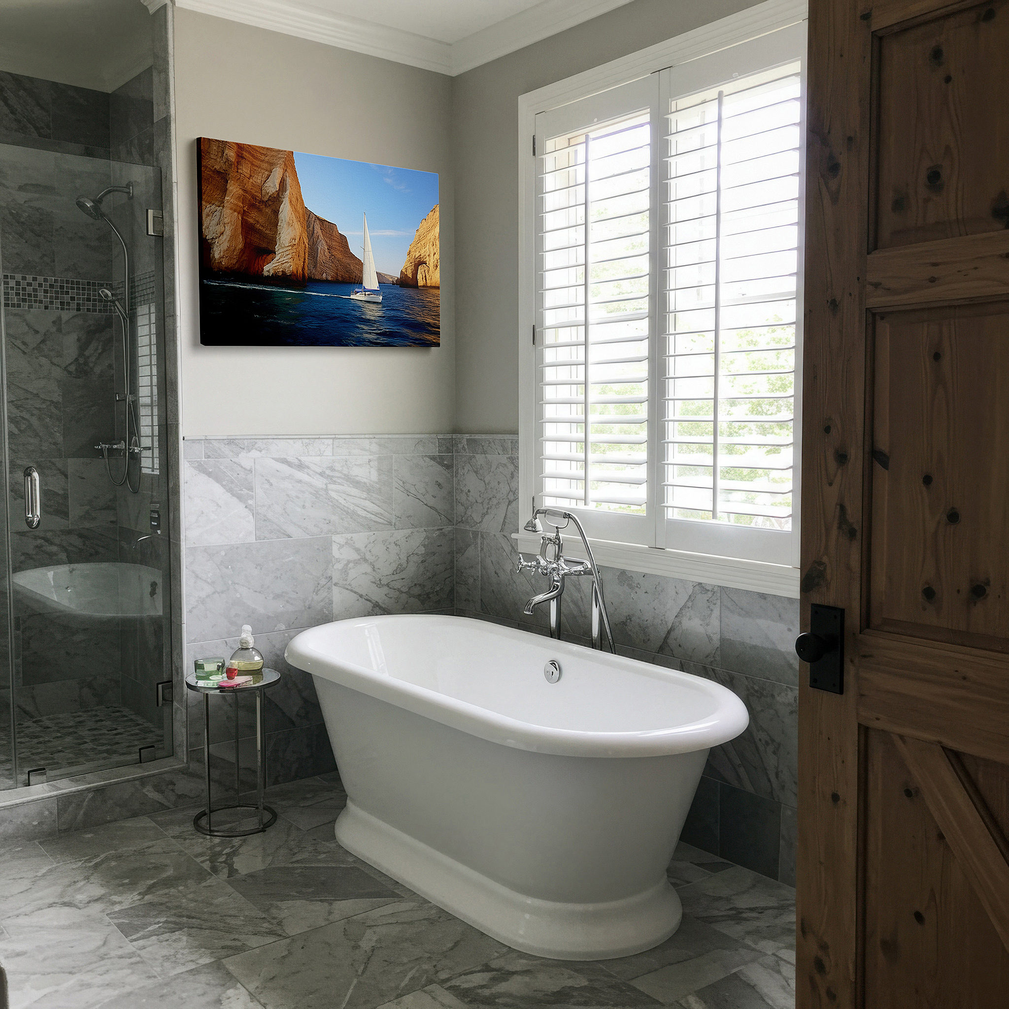 Mounted in a loft-style interior with exposed brick walls — serene sailboat journey canvas art: tranquil bay adventure - large wall decor for home and office
