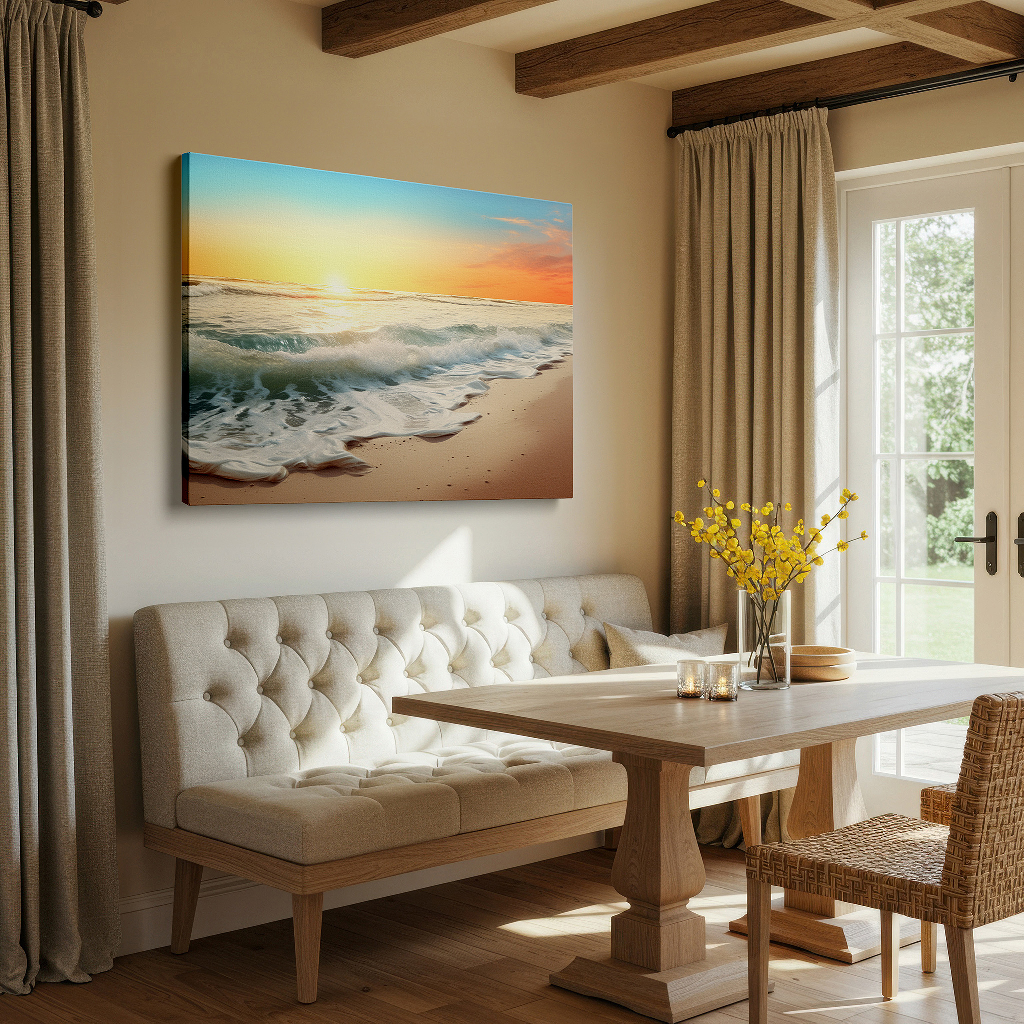 Mounted in a loft-style interior with exposed brick walls — serene shoreline at sunset: tranquil orange and blue hues, large canvas wall art for office and bedroom decor