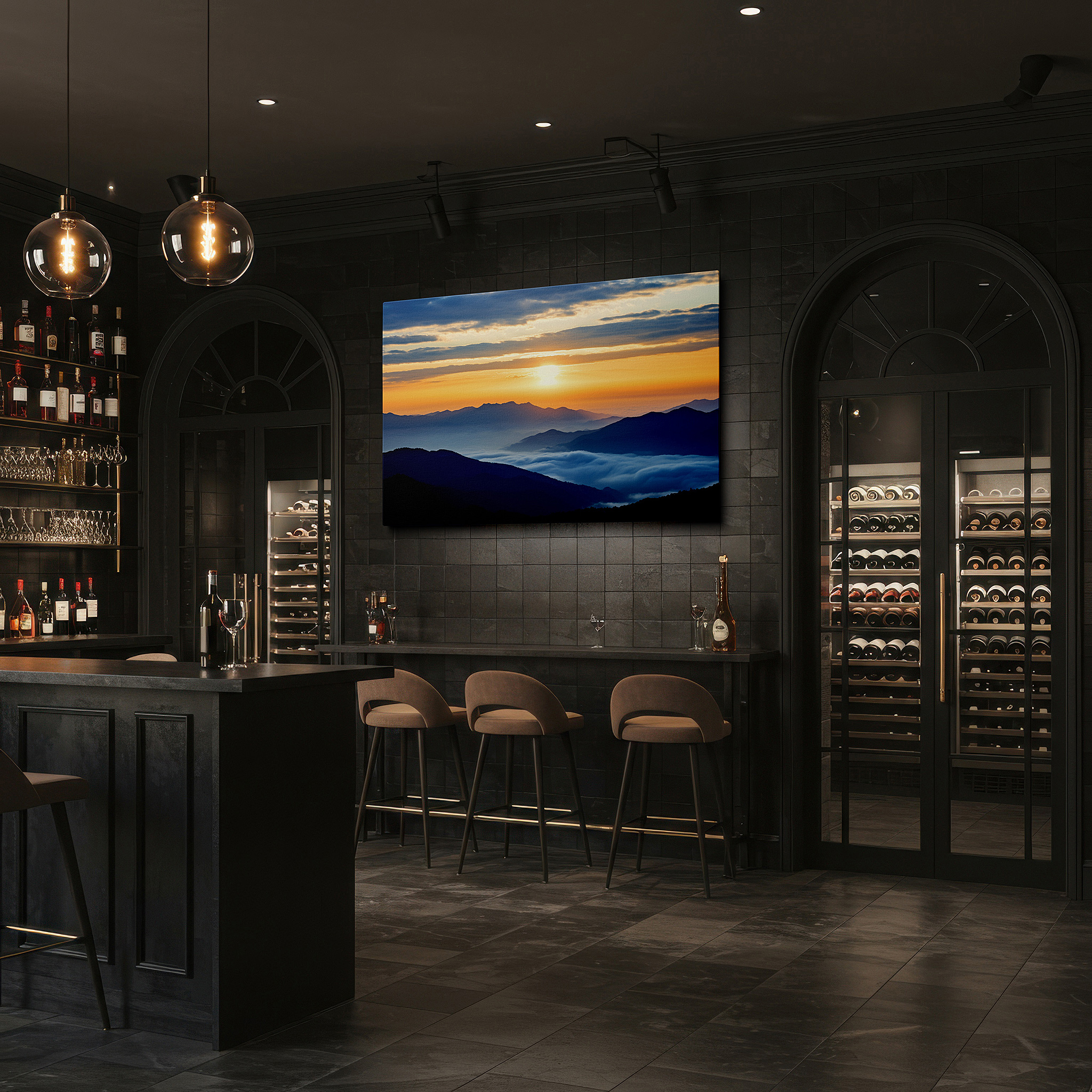 Mounted in a loft-style interior with exposed brick walls — serene sunset over lush mountain valleys: a tranquil golden hour masterpiece - large canvas wall art for office and bedroom decor