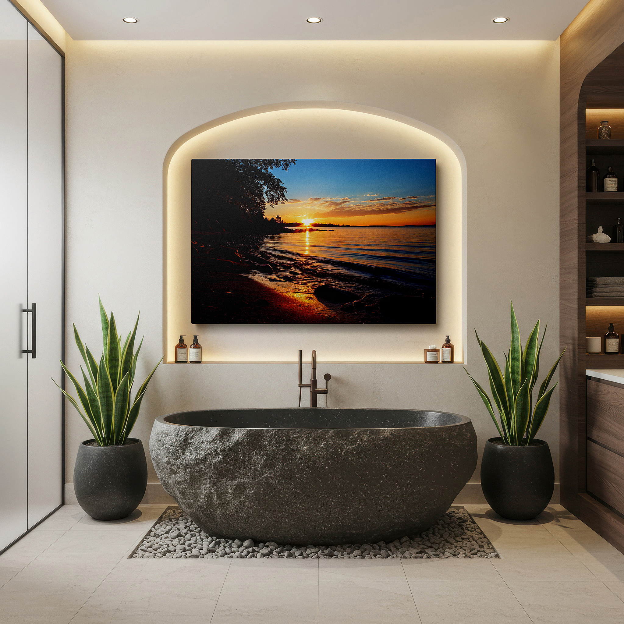 Mounted in a loft-style interior with exposed brick walls — serene sunset over tranquil waters: a haven for peace and reflection - large canvas wall art for office and bedroom decor