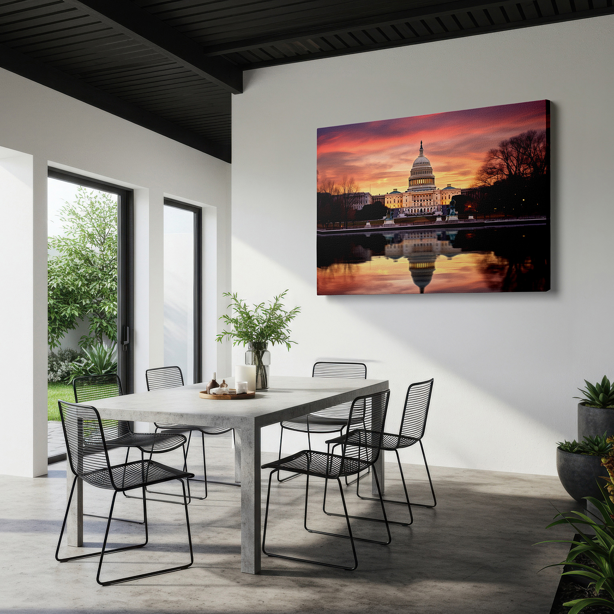 Mounted in a loft-style interior with exposed brick walls — serene sunset at the u.s. capitol: a symbol of democracy in warm hues - large canvas wall art for office and bedroom decor