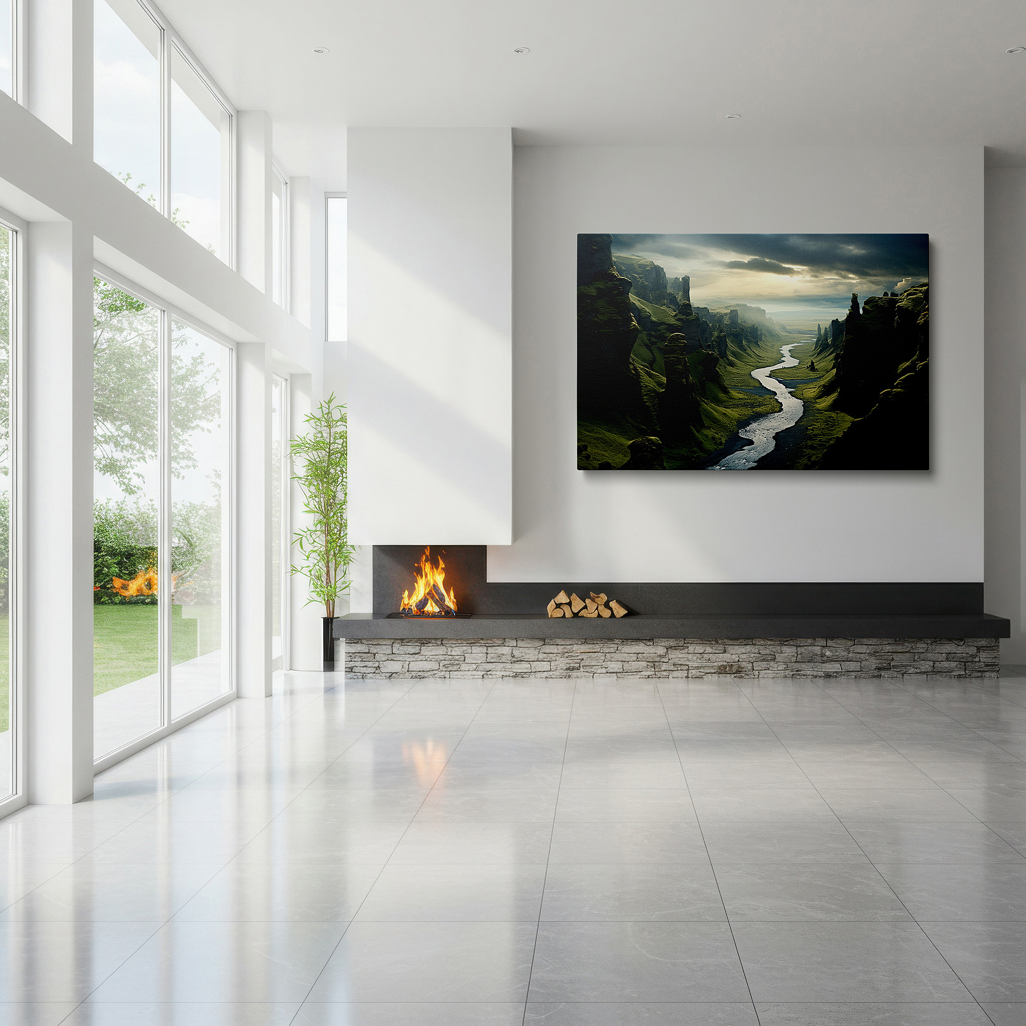 Mounted in a loft-style interior with exposed brick walls — serene valley scene with tranquil river, towering cliffs, and lush greenery - large canvas wall art for office decor