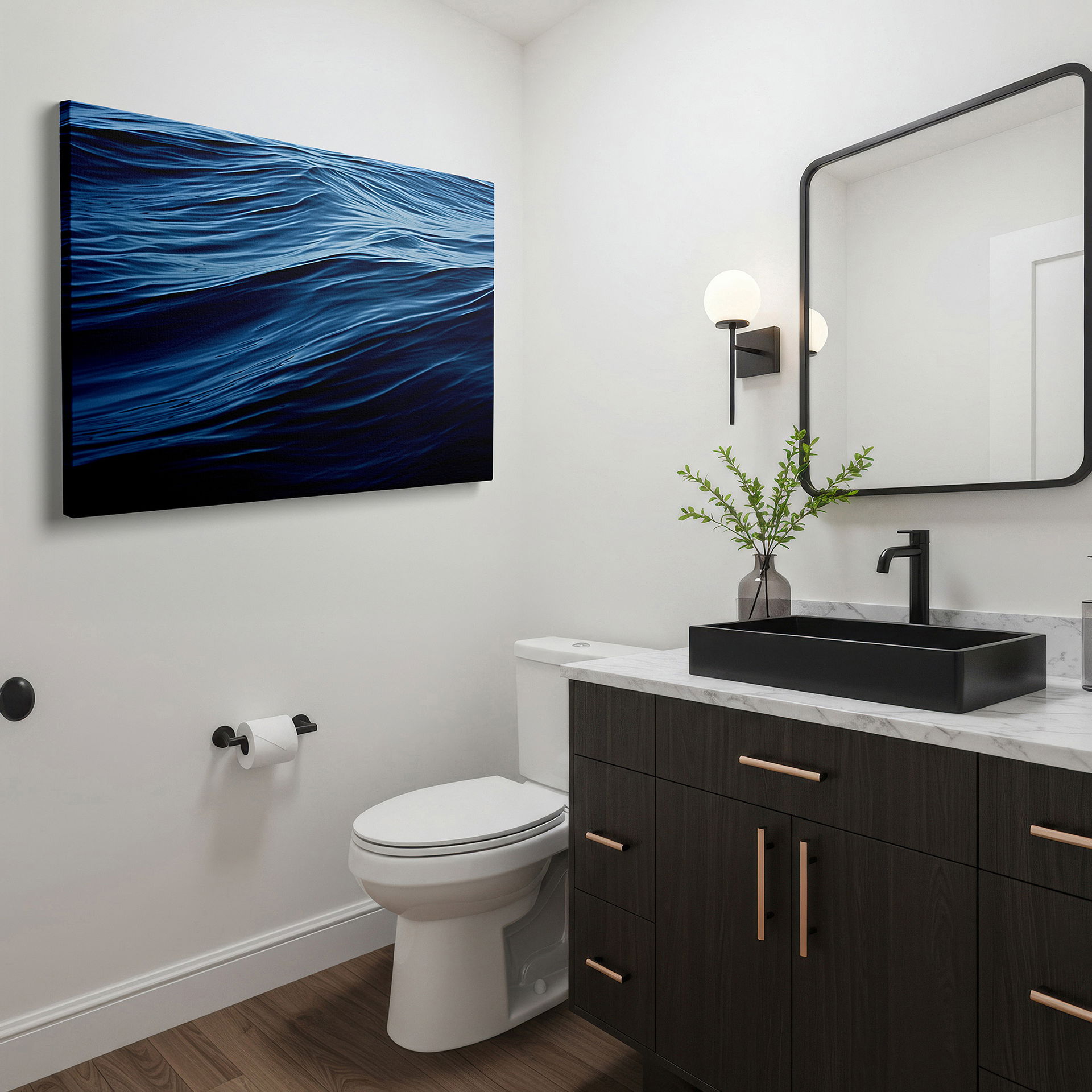 Mounted in a loft-style interior with exposed brick walls — serene waters and sky reflections: a tranquil display of light and color - large canvas wall art for office and bedroom decor