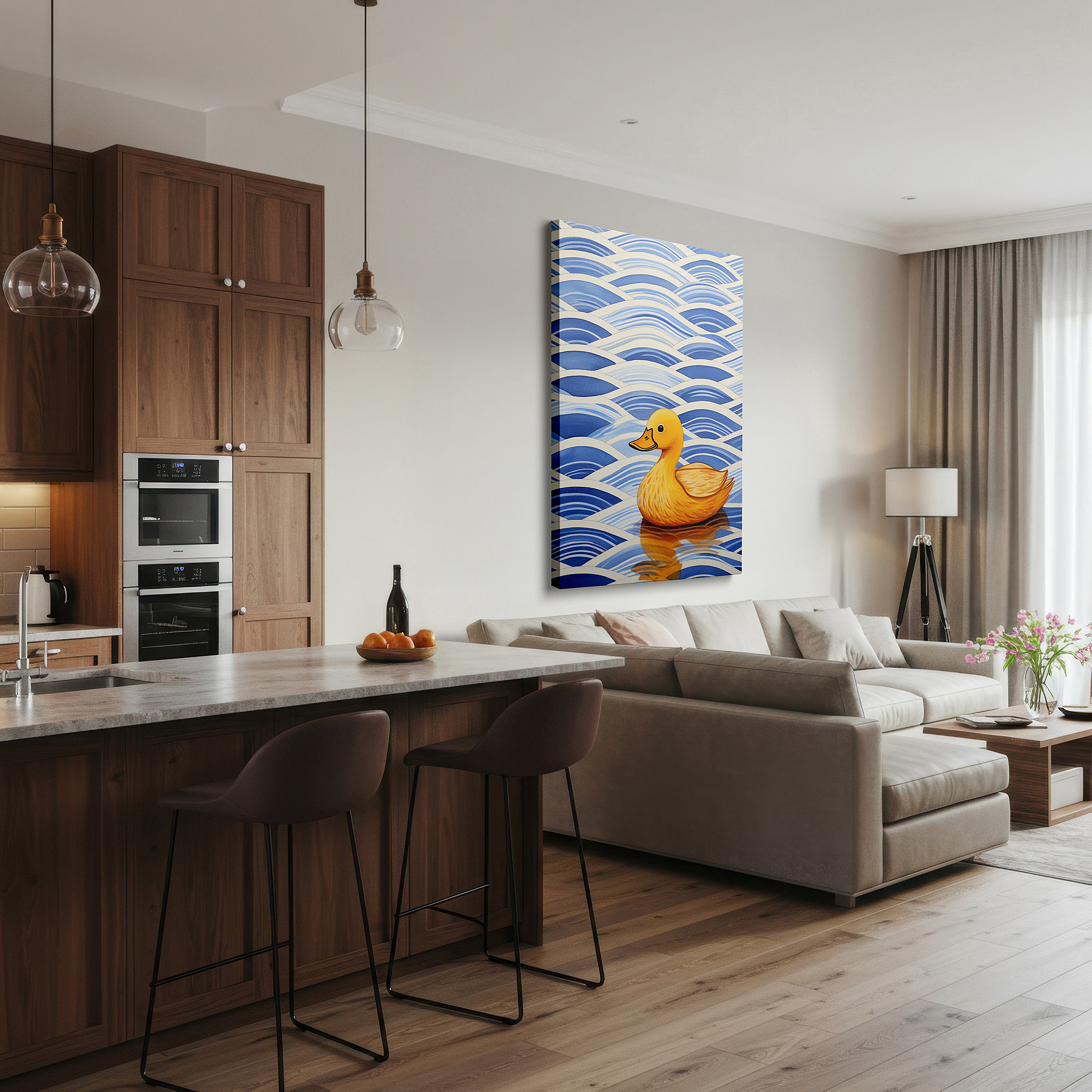 Mounted in a loft-style interior with exposed brick walls — serene yellow duck on peaceful blue waters, emblem of joy and serenity, large canvas wall art for home and office decor