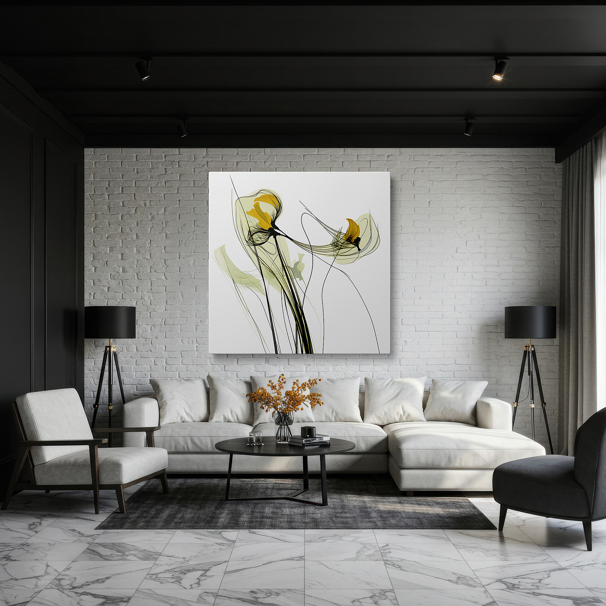 Mounted in a loft-style interior with exposed brick walls — soft-hued stylized flowers, tranquil abstract with vibrant accents, large canvas wall art for office decor
