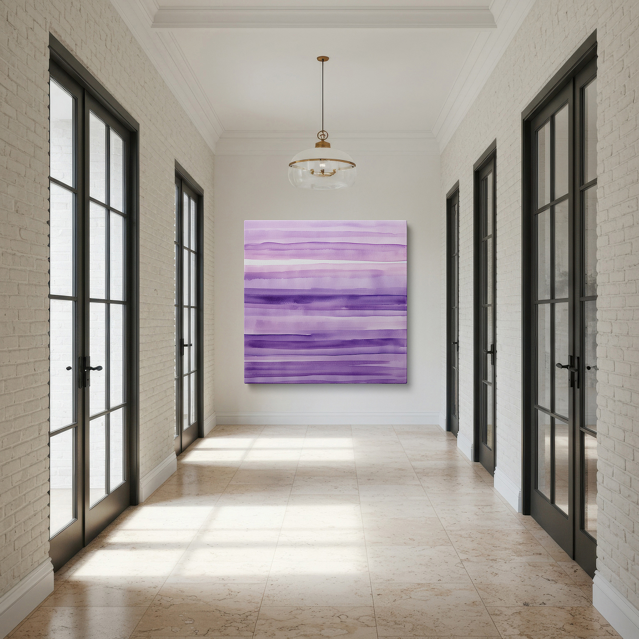 Mounted in a loft-style interior with exposed brick walls — soft purple stripes: gateway to serenity - large canvas wall art for office, bedroom, and living room decor