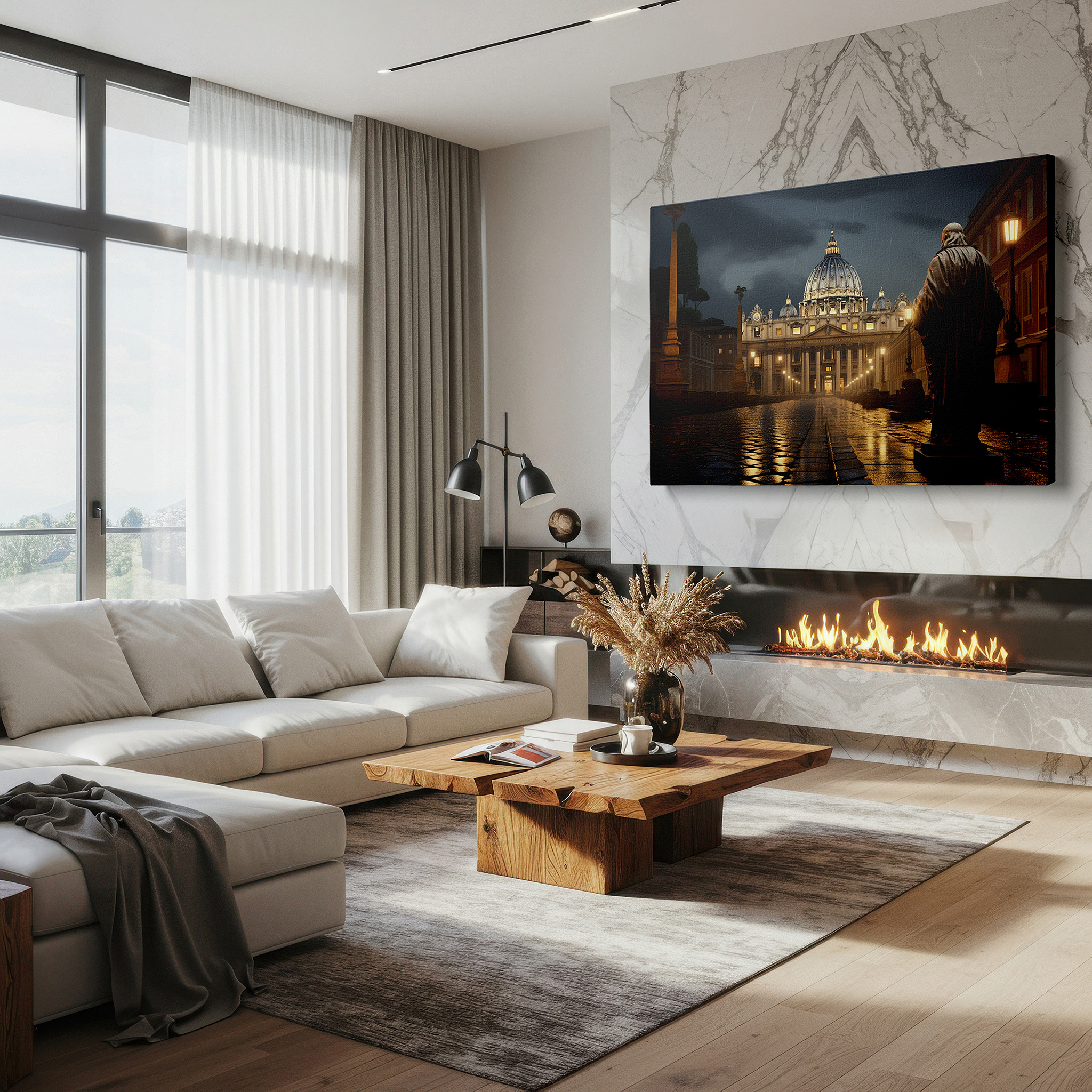 Mounted in a loft-style interior with exposed brick walls — st. peter's basilica beneath starry skies: a golden gateway - large wall art, canvas print, home and office decor, bedroom wall art