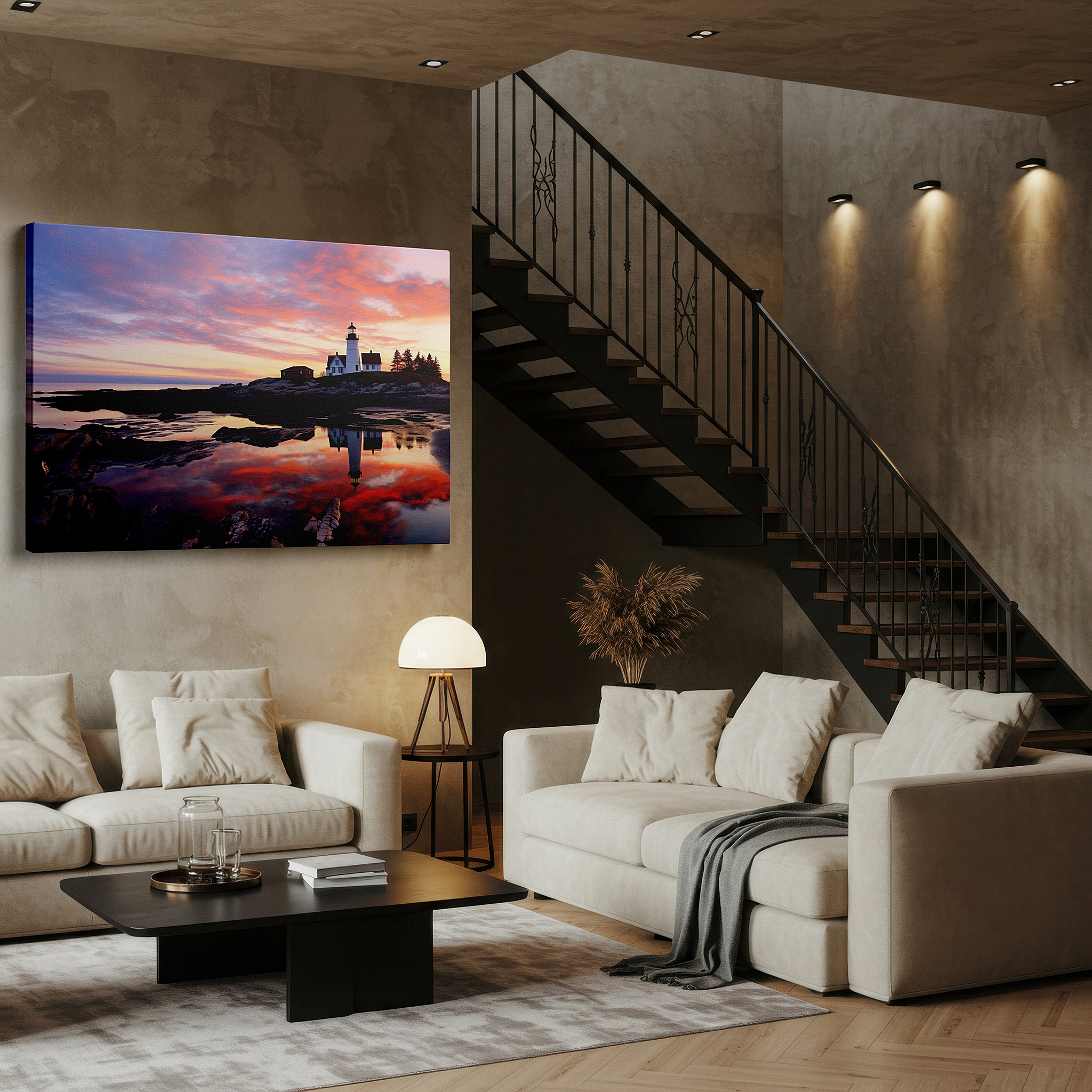 Mounted in a loft-style interior with exposed brick walls — stunning lighthouse canvas wall art: a symbol of guidance against a vibrant coastal sunset, perfect for home decor