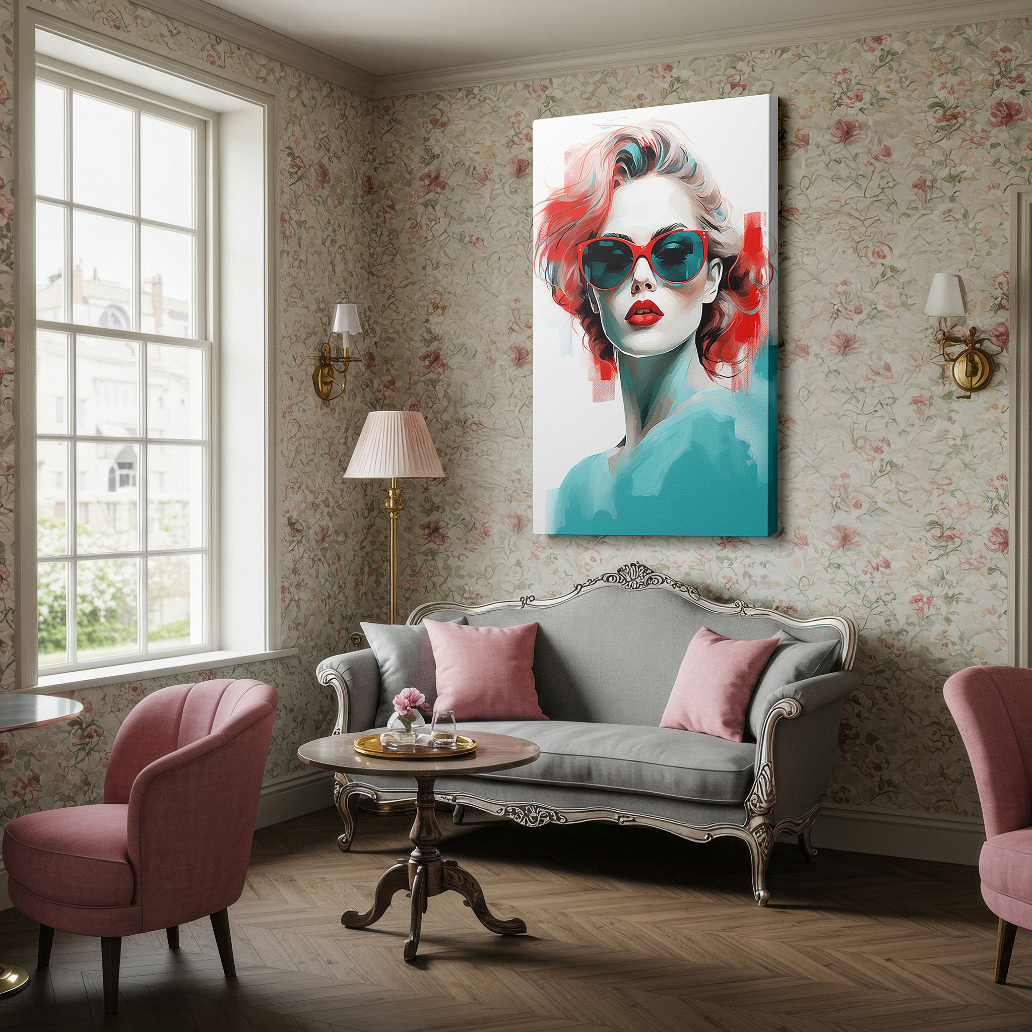 Mounted in a loft-style interior with exposed brick walls — stunning wall art featuring a woman with turquoise sunglasses and bright red lips, ideal for office or bedroom decor