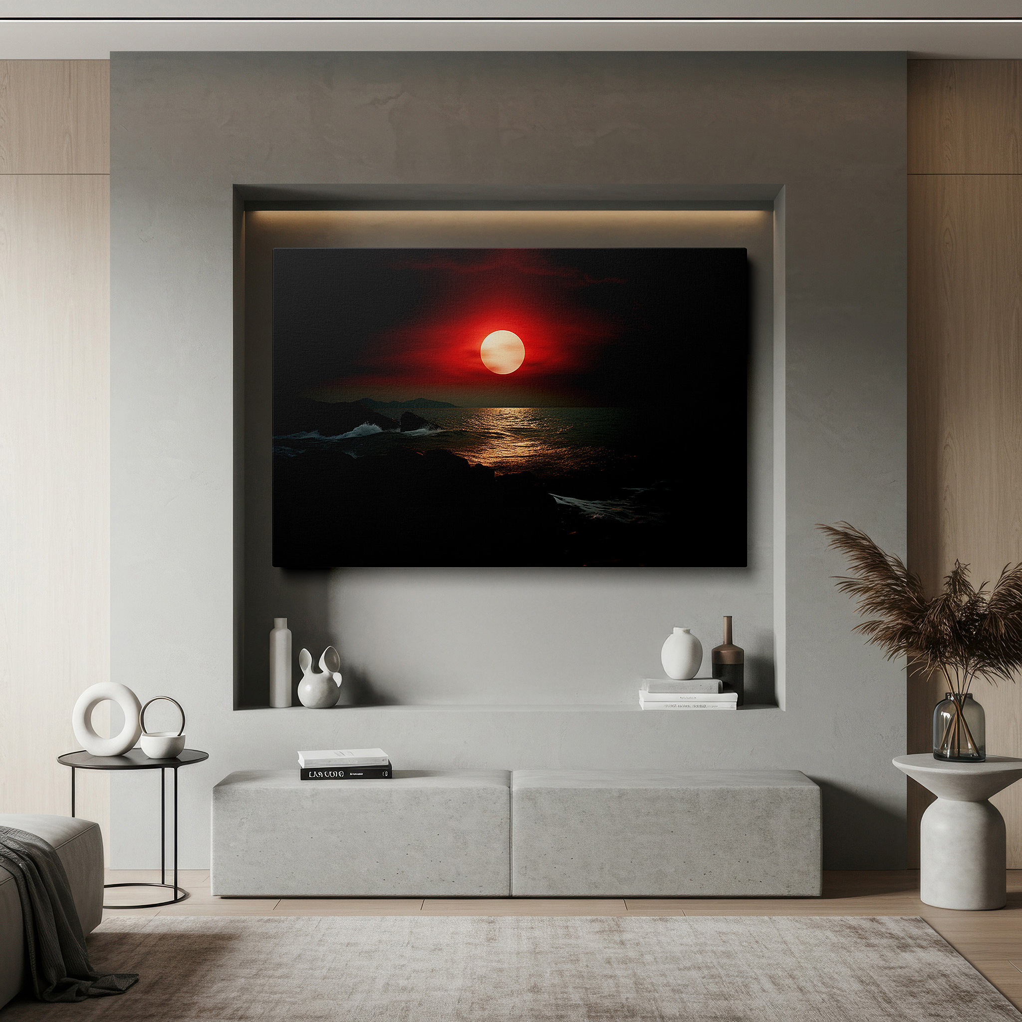 Mounted in a loft-style interior with exposed brick walls — sunset ablaze: vivid reds reflecting on ocean waves against a dark coastline - large canvas wall art for home and office decor