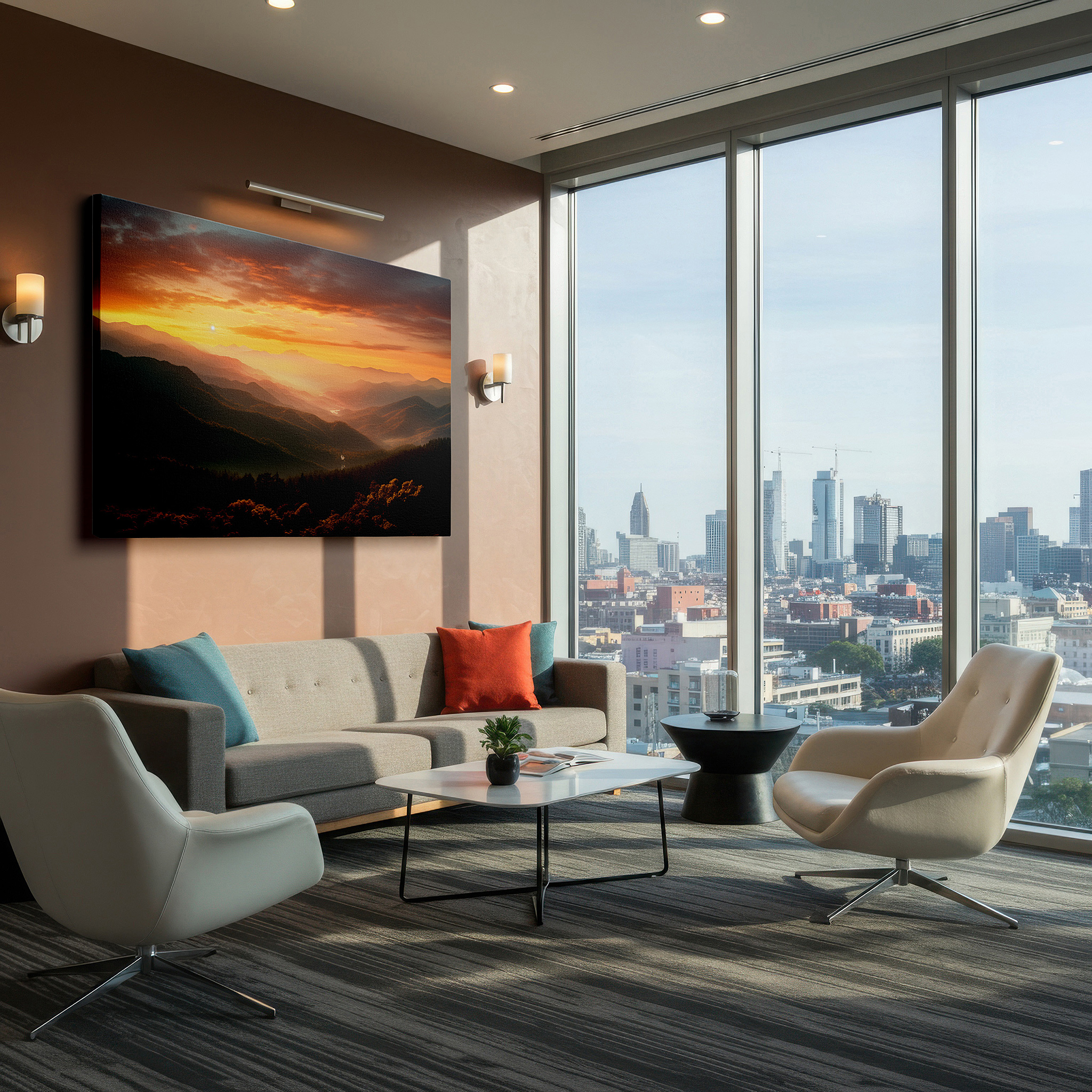 Mounted in a loft-style interior with exposed brick walls — sunset glow over majestic mountains - panoramic nature splendor large wall art, canvas wall art, wall decor for office