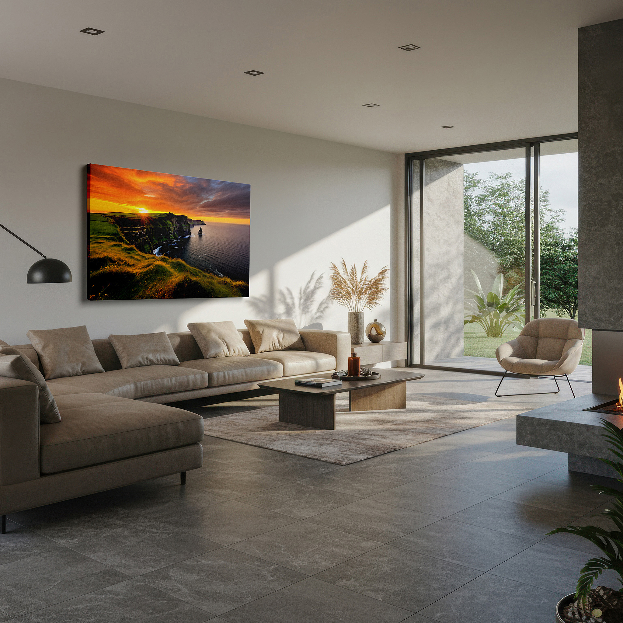Mounted in a loft-style interior with exposed brick walls — sunset at the majestic cliffs of moher overlooking the atlantic - large canvas wall art for office and bedroom decor