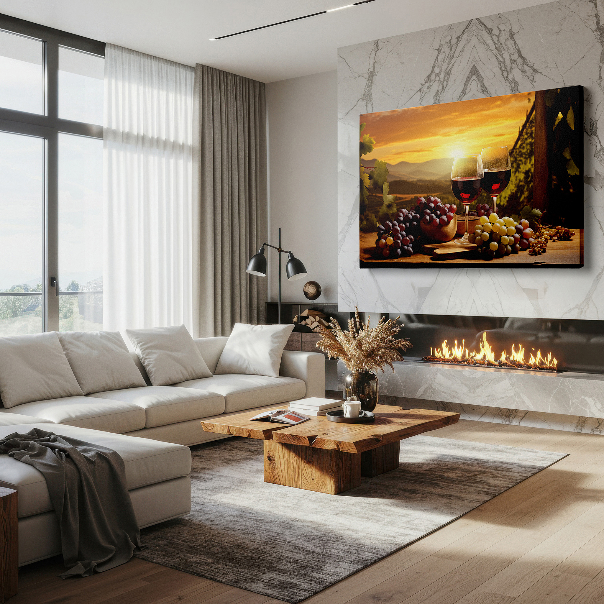Mounted in a loft-style interior with exposed brick walls — sunset serenade at the vineyard: celebrating wine, nature, and togetherness - large wall art, canvas wall art, wall decor, office wall art