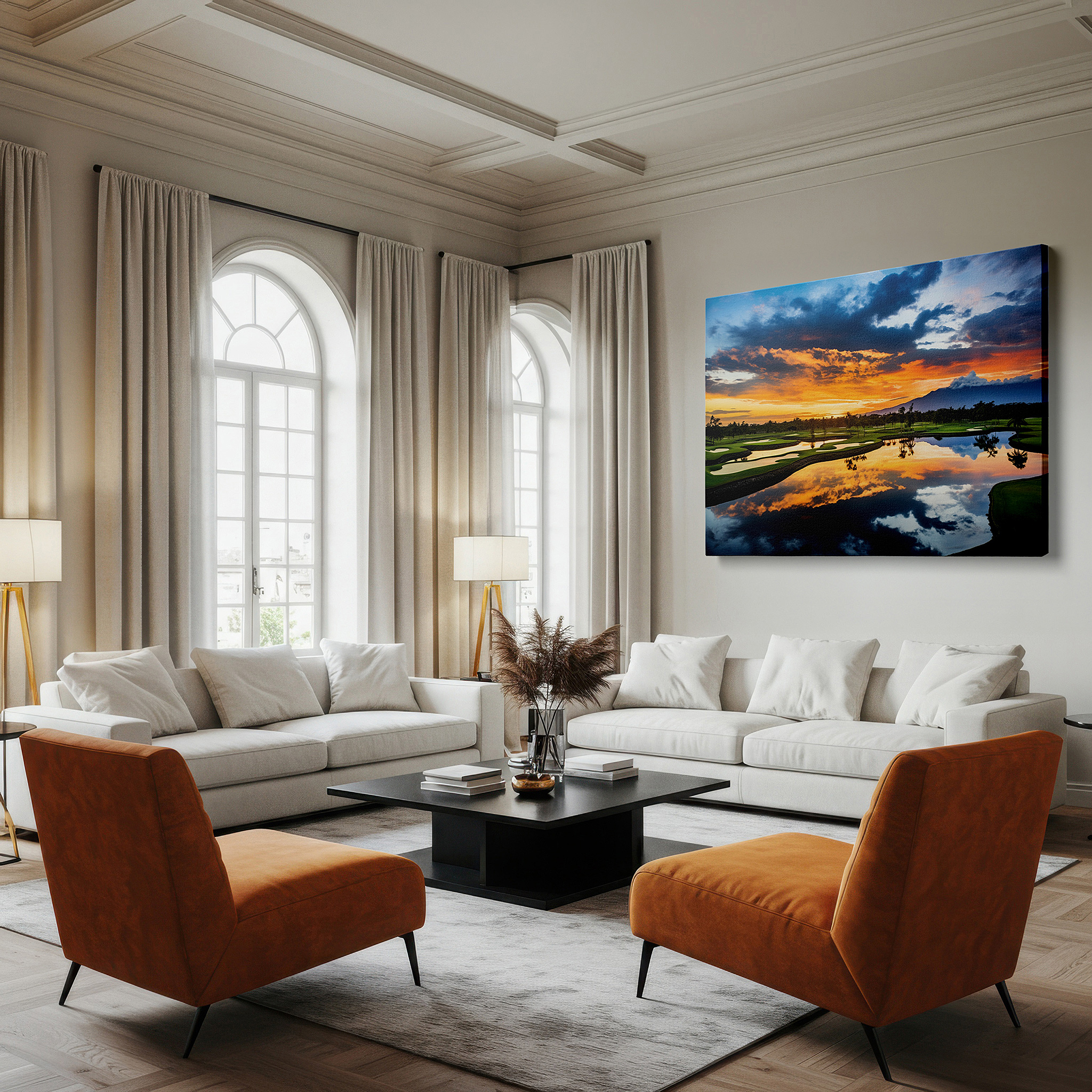 Mounted in a loft-style interior with exposed brick walls — sunset serenity on the golf course - tranquil landscape masterpiece, large canvas wall art for office and bedroom decor