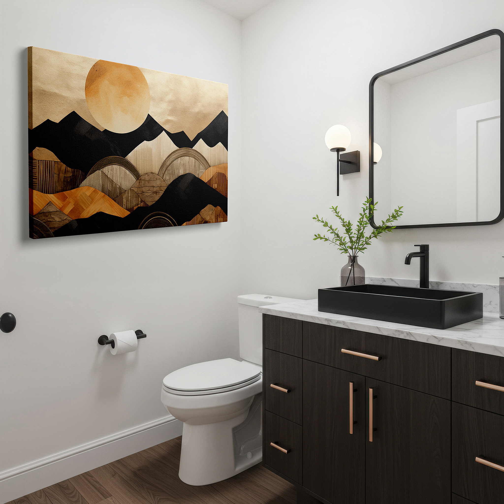 Mounted in a loft-style interior with exposed brick walls — textured mountains and radiant sun in warm tones, symbolizing hope and creativity, large wall art, canvas wall art, wall decor for office