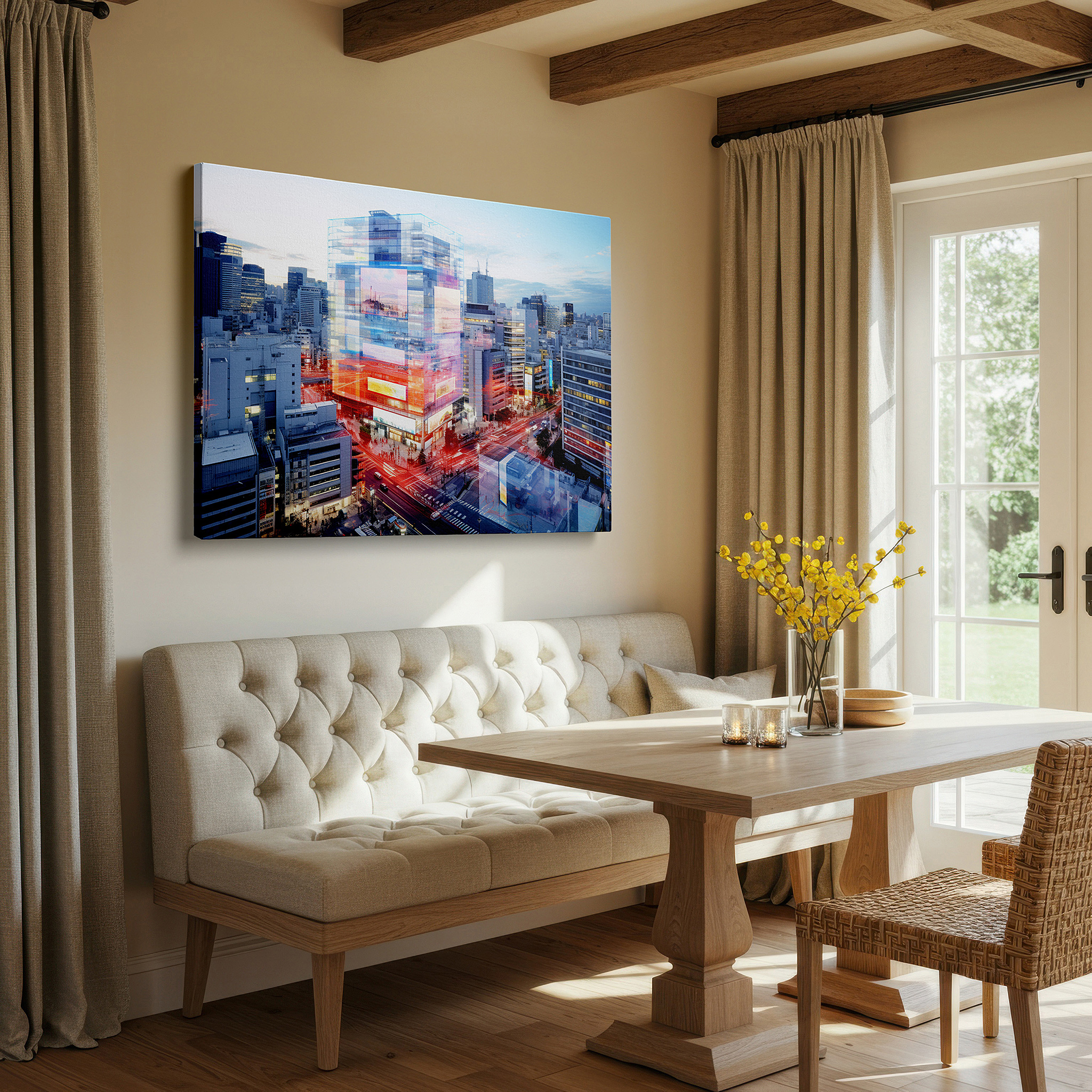 Mounted in a loft-style interior with exposed brick walls — tokyo twilight glow: neon lights and urban pulse - mesmerizing cityscape large wall art, canvas wall art, wall decor for office and bedroom