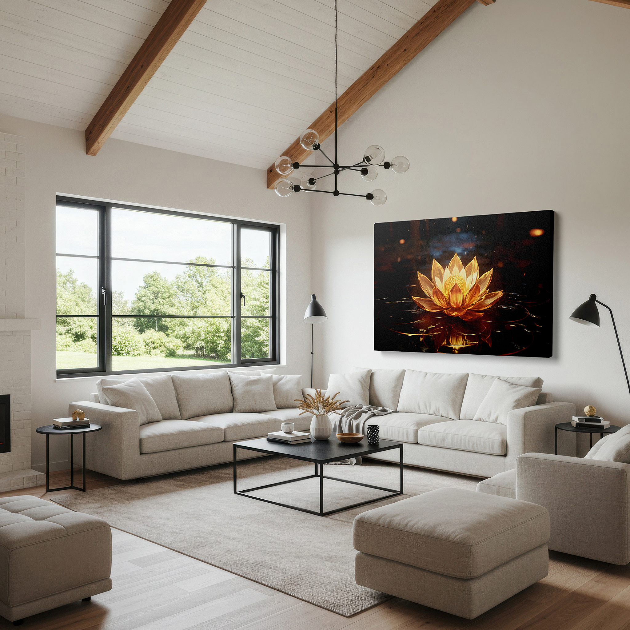 Mounted in a loft-style interior with exposed brick walls — tranquil golden lotus pond large canvas wall art for peace and enlightenment, ideal for office and bedroom decor