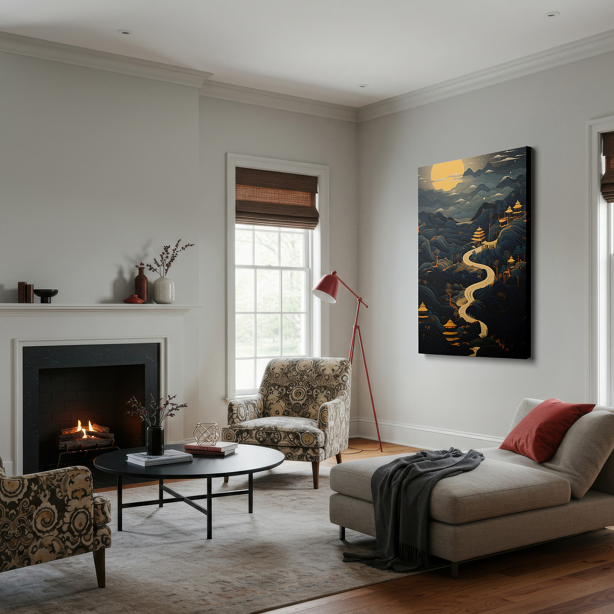 Mounted in a loft-style interior with exposed brick walls — tranquil mountain landscape featuring classic pagodas beneath a full moon's soft light - large canvas wall art for home and office decor