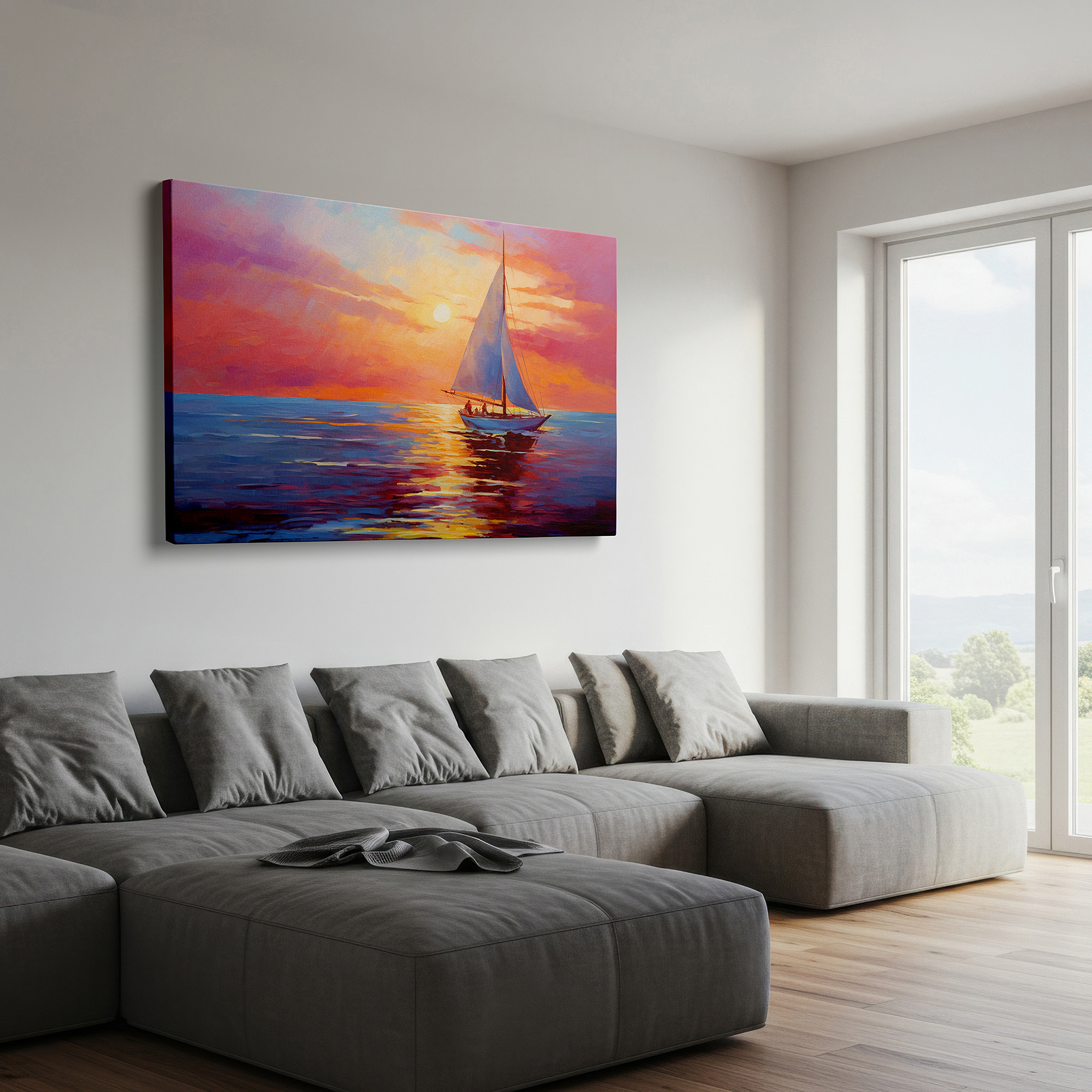 Mounted in a loft-style interior with exposed brick walls — tranquil sailboat journey under a fiery sunset sky - large canvas wall art for office, bedroom, and living room decor