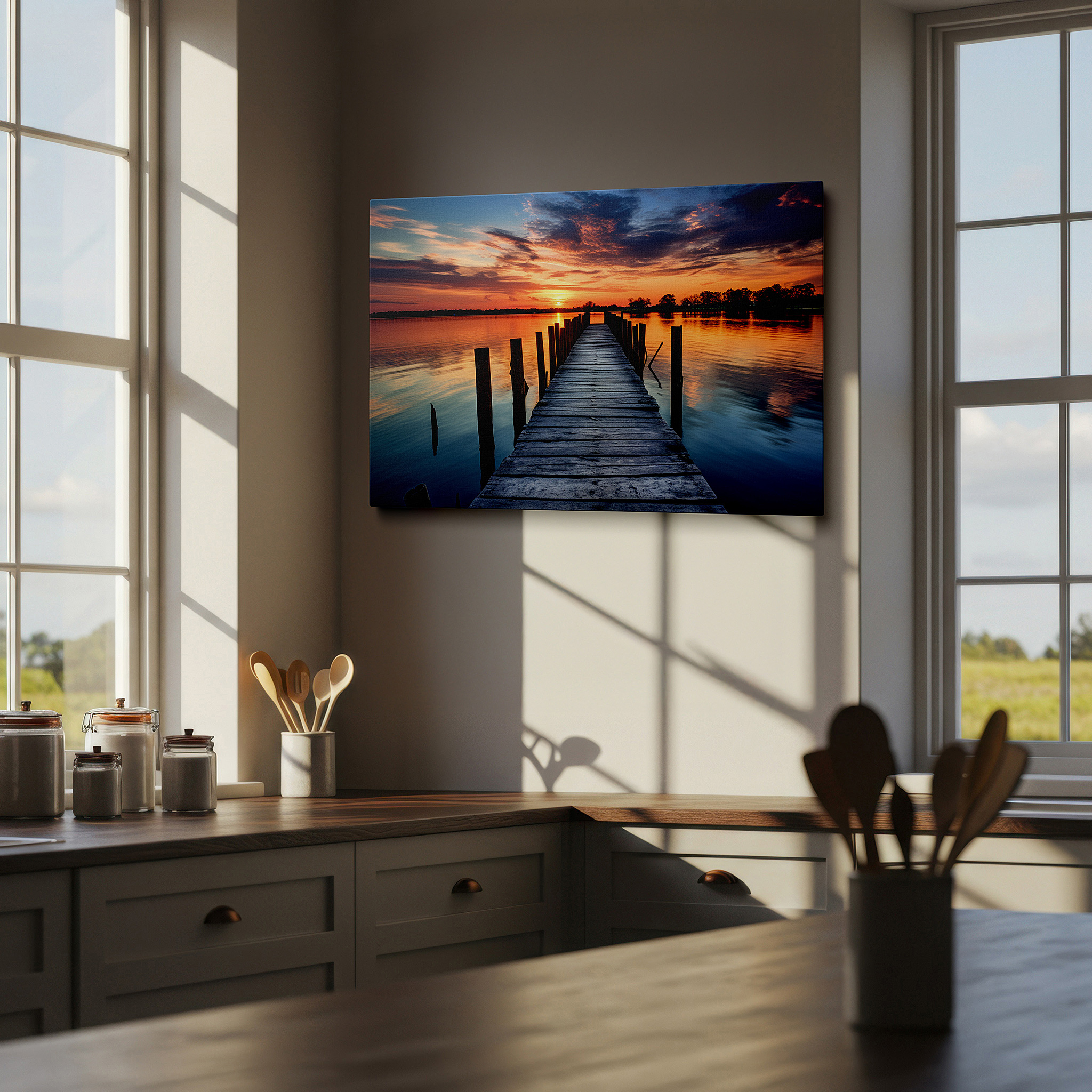 Mounted in a loft-style interior with exposed brick walls — tranquil sunset and rustic dock canvas print - serene lake reflection and sky wall art for office and bedroom decor
