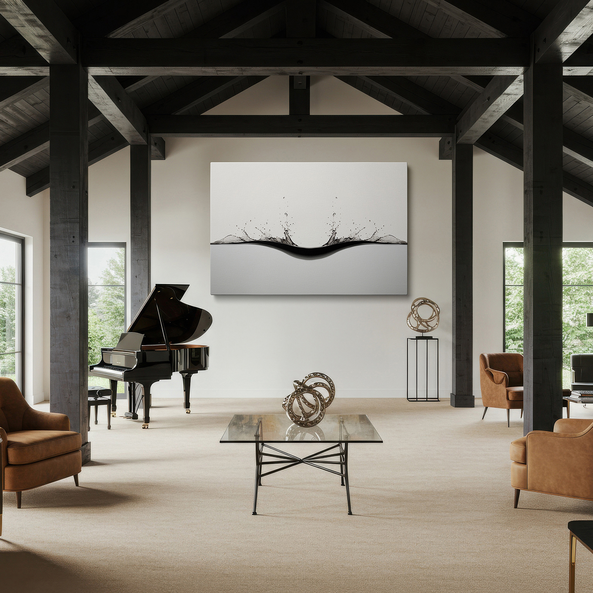 Mounted in a loft-style interior with exposed brick walls — tranquil water dynamics wall art: minimalist white large canvas for office, bedroom, and living room decor