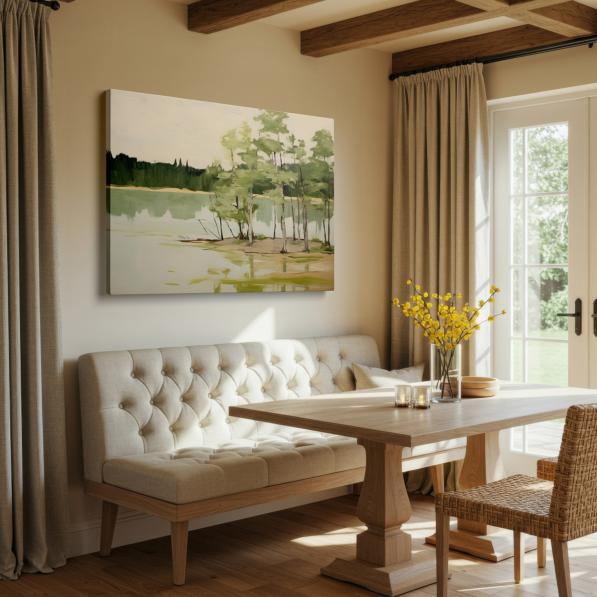 Mounted in a loft-style interior with exposed brick walls — tranquil waters and lush foliage - serene landscape wall art for peaceful reflection, perfect for office or bedroom decor
