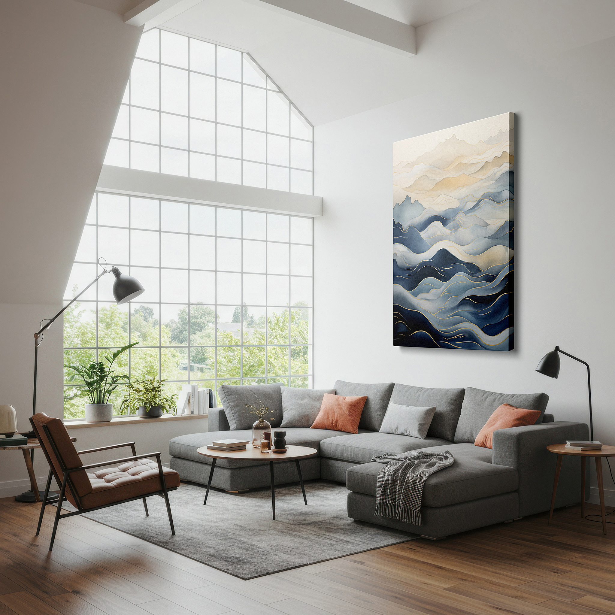 Mounted in a loft-style interior with exposed brick walls — tranquil waves and gentle gradients inspire peacefulness large wall art, canvas wall art, wall decor for office, bedroom, and living room