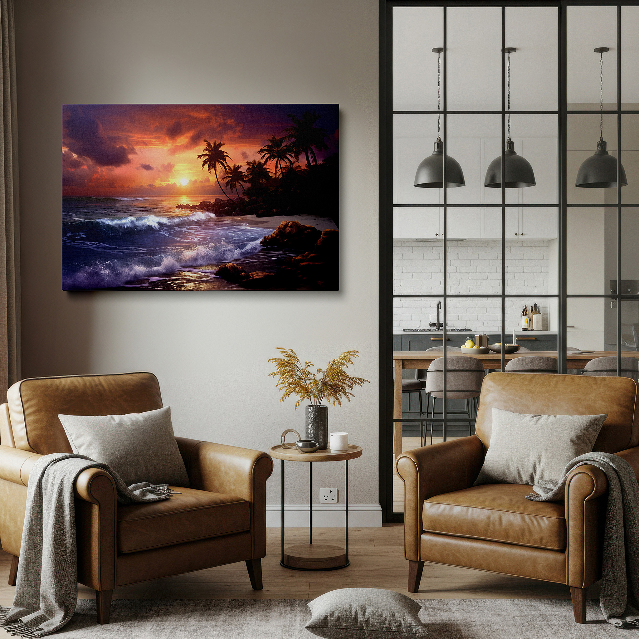 Mounted in a loft-style interior with exposed brick walls — tropical beach sunset serenity large wall art featuring vibrant oranges and calming purples, perfect for office or bedroom decor