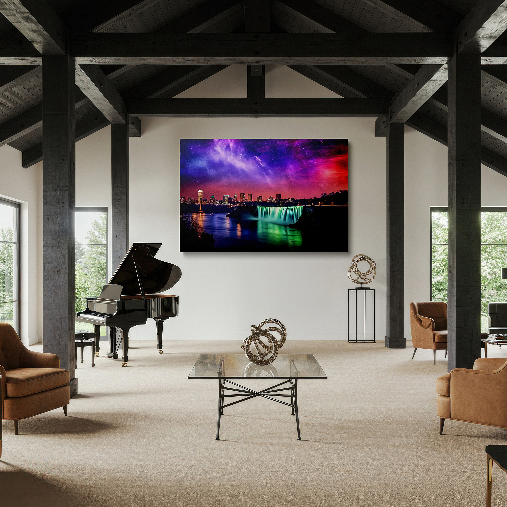 Mounted in a loft-style interior with exposed brick walls — twilight urban nightscape with waterfall - where vibrant city life meets tranquil nature, large canvas wall art for home and office decor