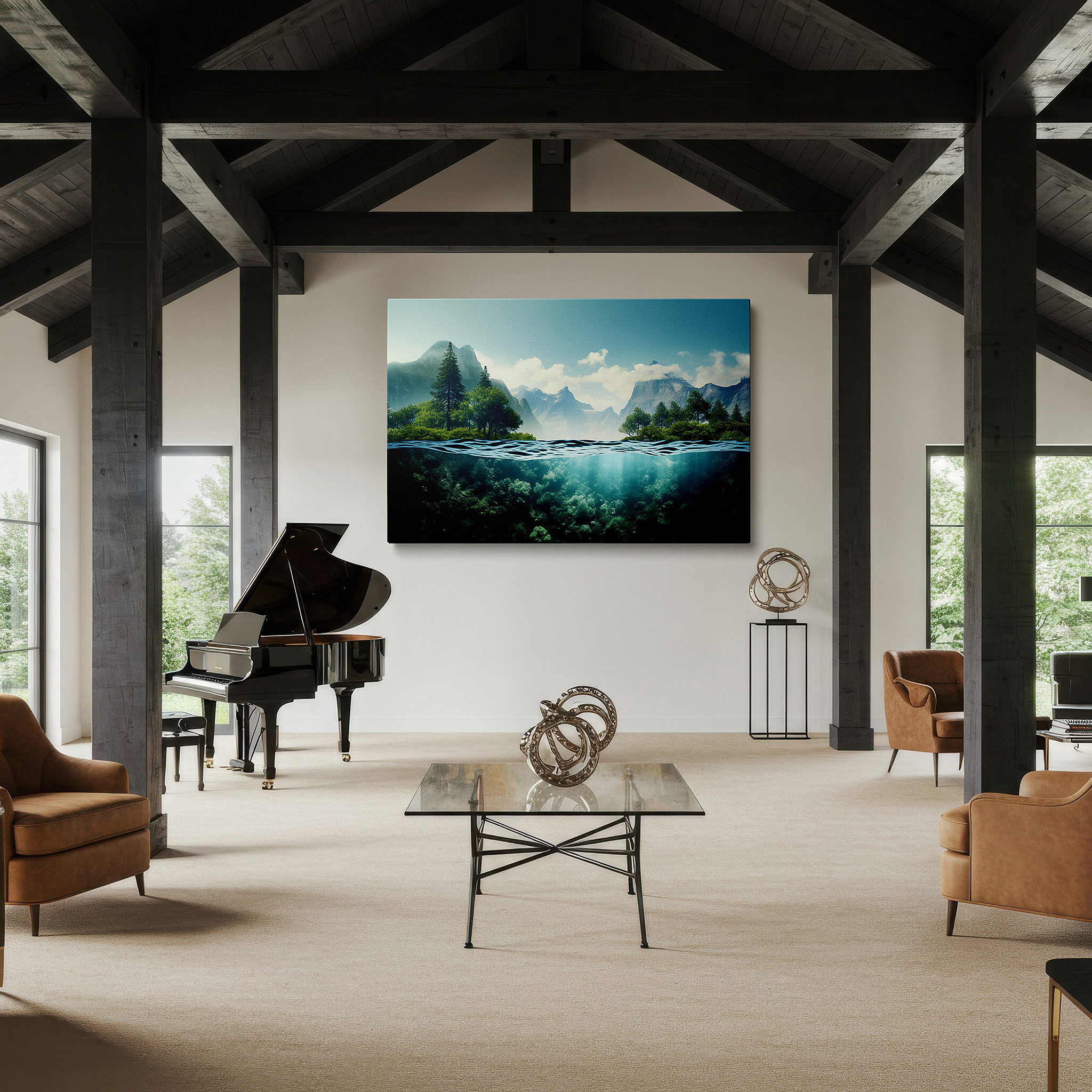 Mounted in a loft-style interior with exposed brick walls — verdant forests to tranquil underwater realms: a seamless fusion of nature's diversity - large wall art, canvas wall art, wall art decor
