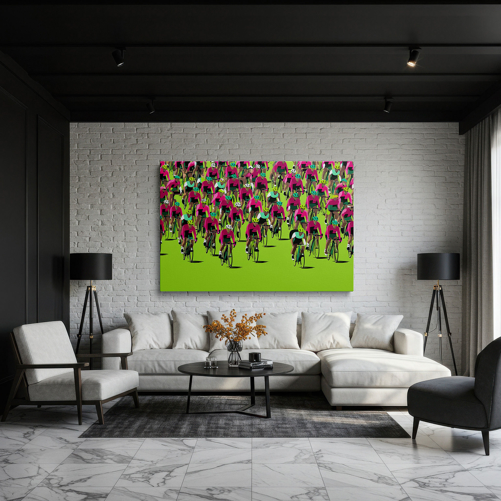 Mounted in a loft-style interior with exposed brick walls — vibrant cycling race wall art: experience the excitement and motion of sports with a lush green background, perfect for office decor