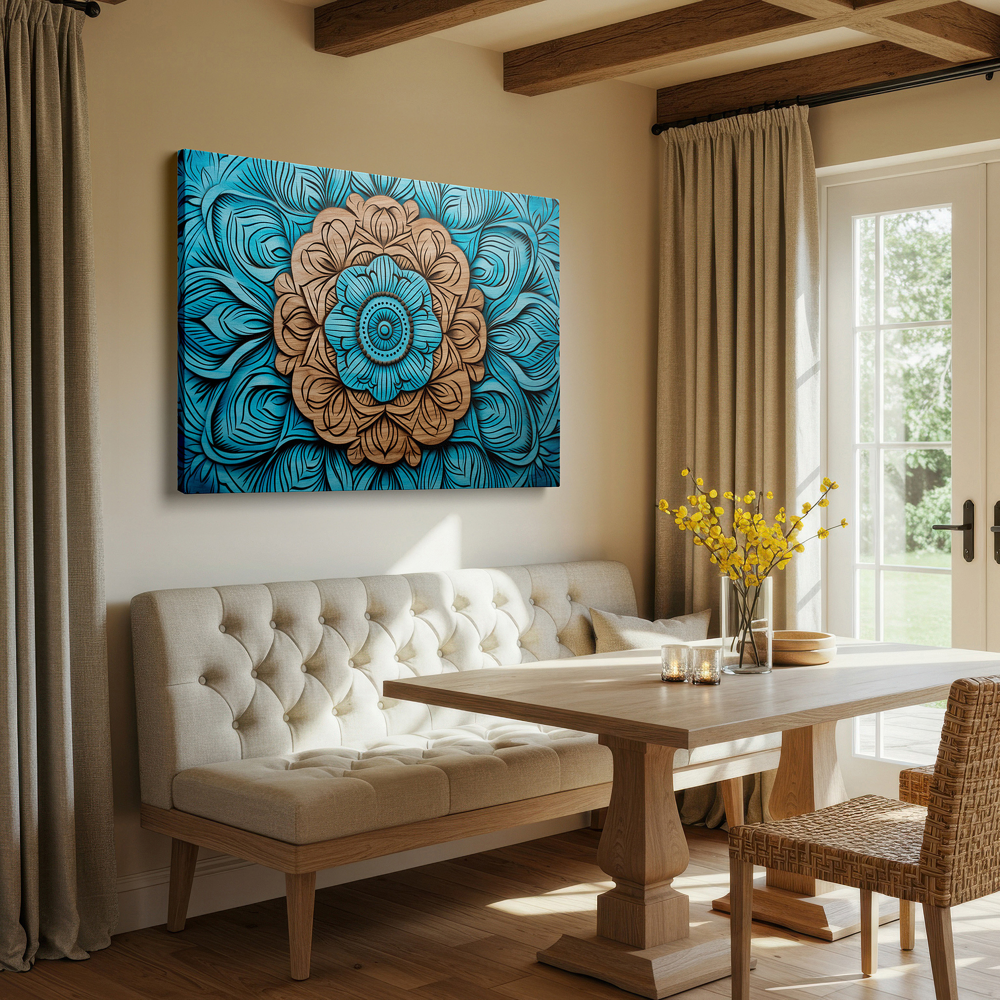 Mounted in a loft-style interior with exposed brick walls — vibrant floral wood carving wall art: a fusion of traditional craftsmanship and modern aesthetics for home and office decor