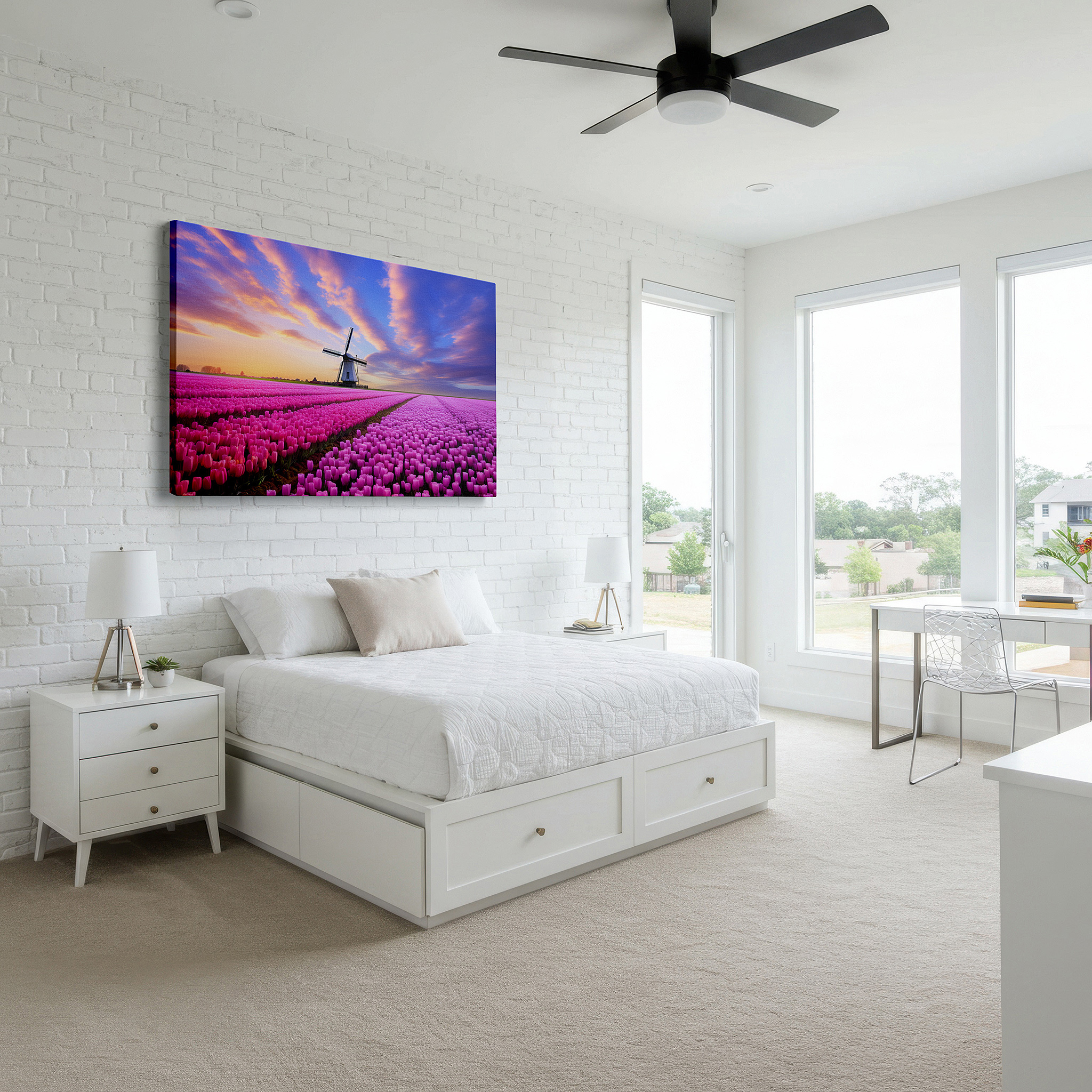 Mounted in a loft-style interior with exposed brick walls — vibrant tulip fields and classic windmill beneath a dramatic sky: large canvas wall art for office, bedroom, and living room decor
