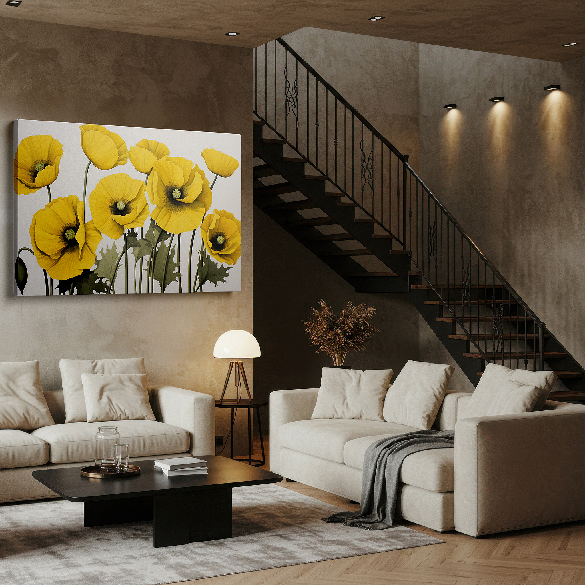 Mounted in a loft-style interior with exposed brick walls — vibrant yellow poppies in bloom: celebrating life and joy with nature's beauty - large canvas wall art for home and office decor