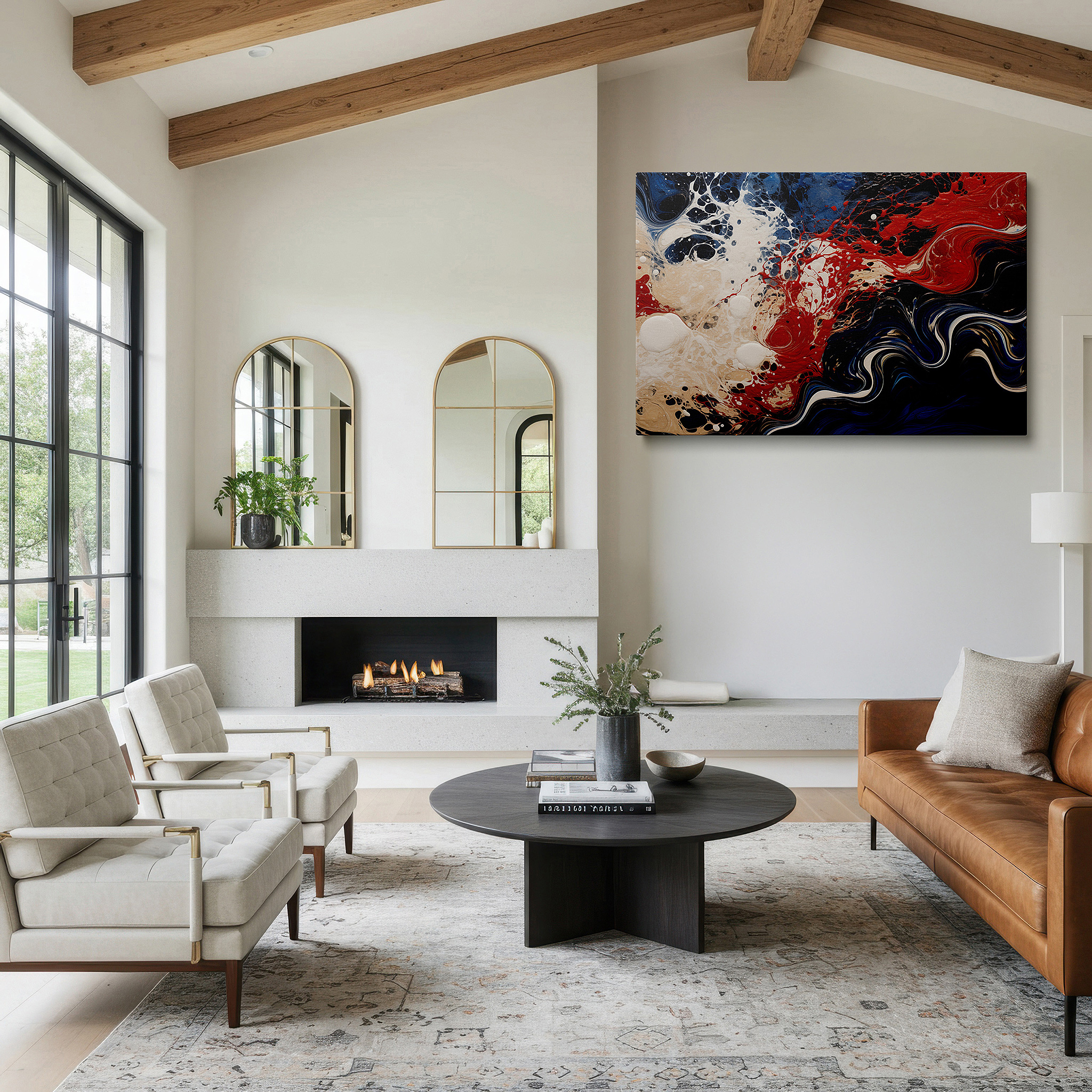 Mounted in a loft-style interior with exposed brick walls — a vivid display of reds, blues, and whites: celebrating motion and emotion - large wall art, canvas wall art, wall decor for offices
