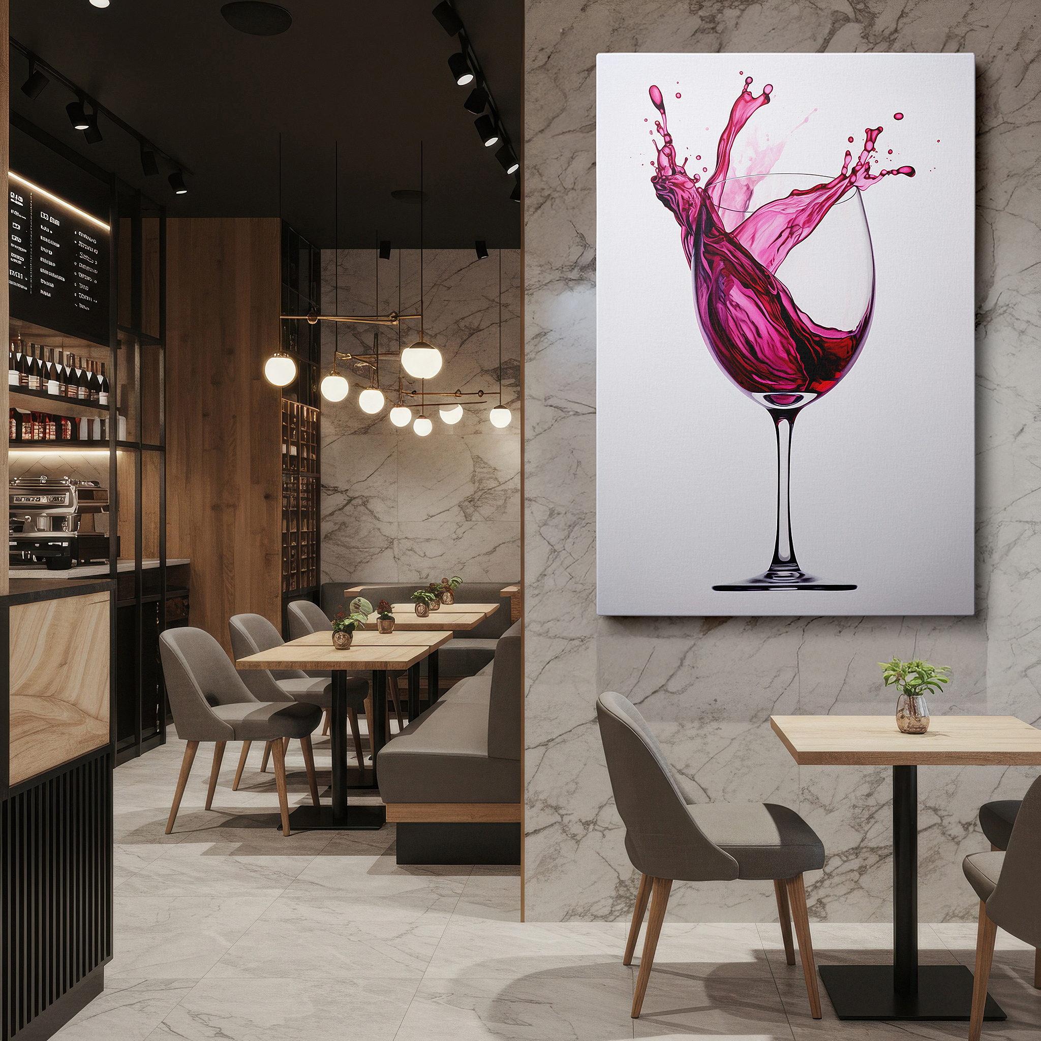 Mounted in a loft-style interior with exposed brick walls — wall art: celebrating the energetic dance of wine with a vivid splash on stark white - large canvas wall art for office and bedroom decor