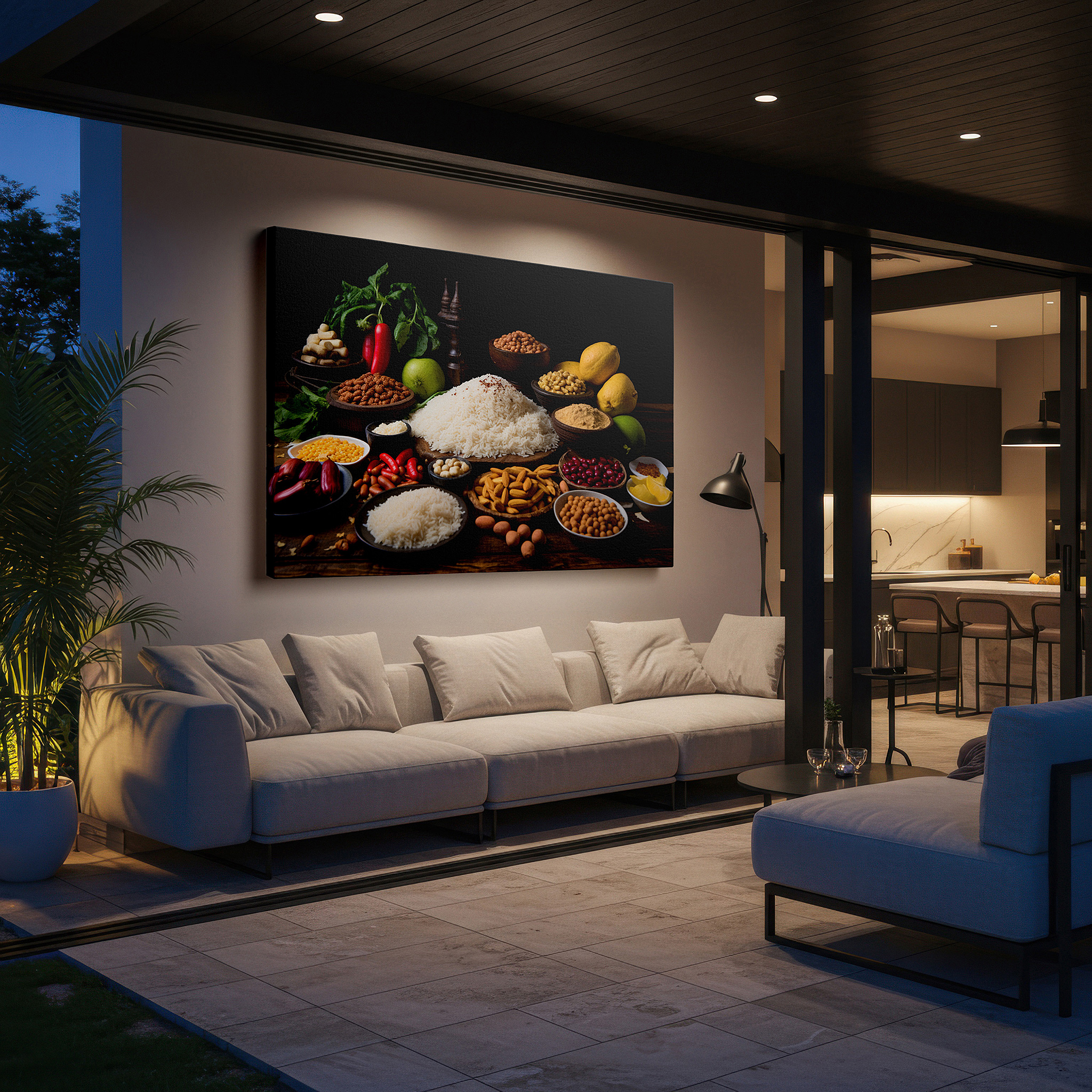 Mounted in a loft-style interior with exposed brick walls — wall art: celebrating nature's bounty and culinary diversity on a rustic table - large canvas wall art for home and office decor