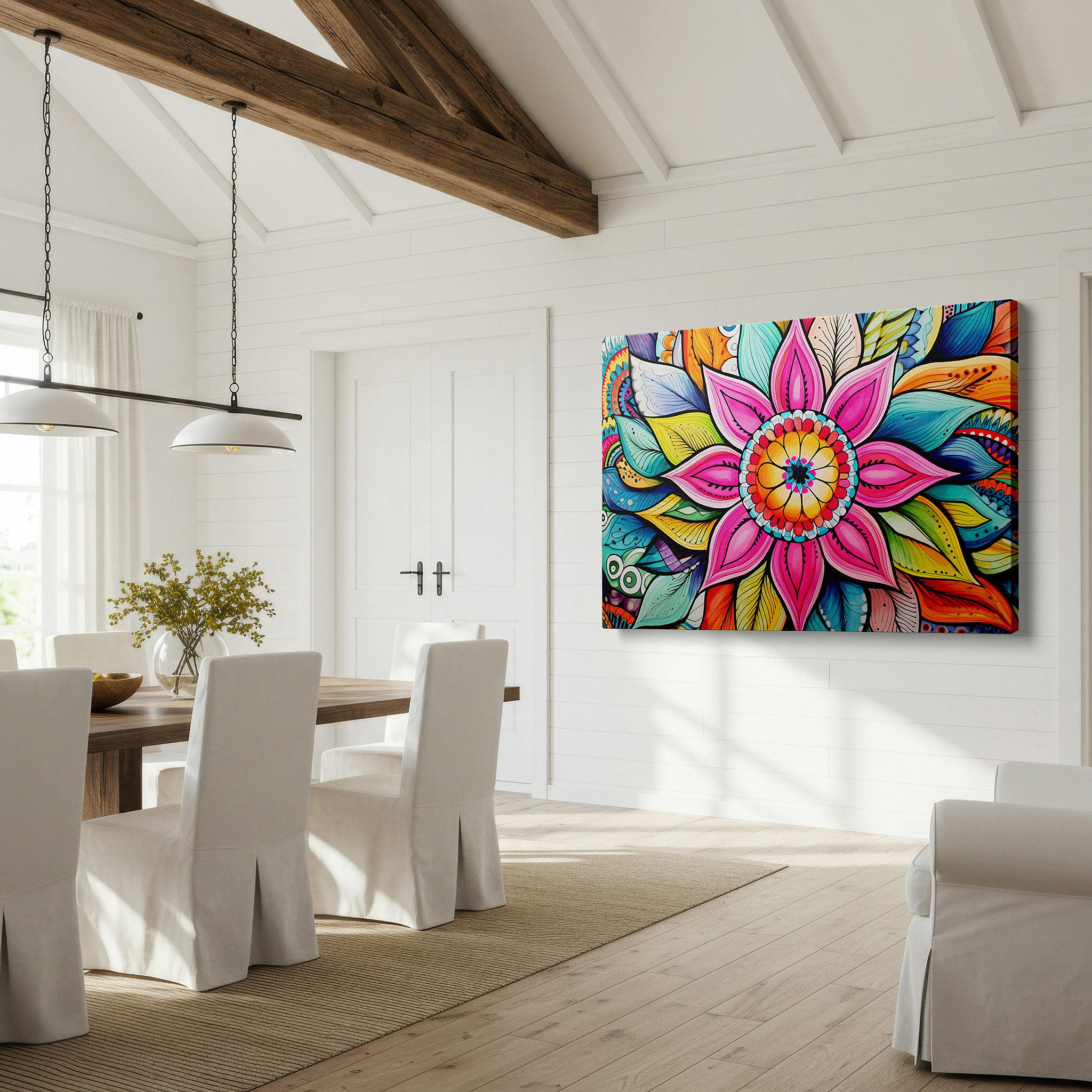 Mounted in a loft-style interior with exposed brick walls — wall art: enchanting floral symphony featuring vibrant blossoms and lush leaves - large canvas wall art for office and bedroom decor